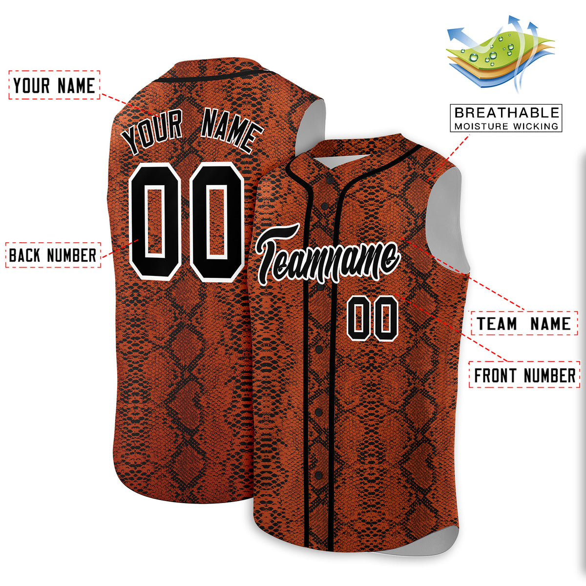 Custom Black Snakeskin Pattern Authentic Sleeveless Baseball Jersey