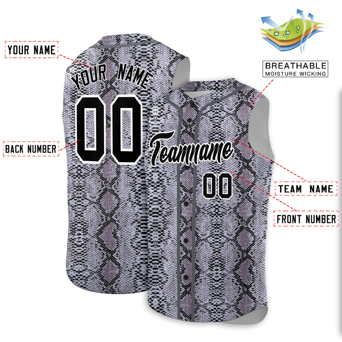 Custom Gray Snakeskin Pattern Authentic Sleeveless Baseball Jersey