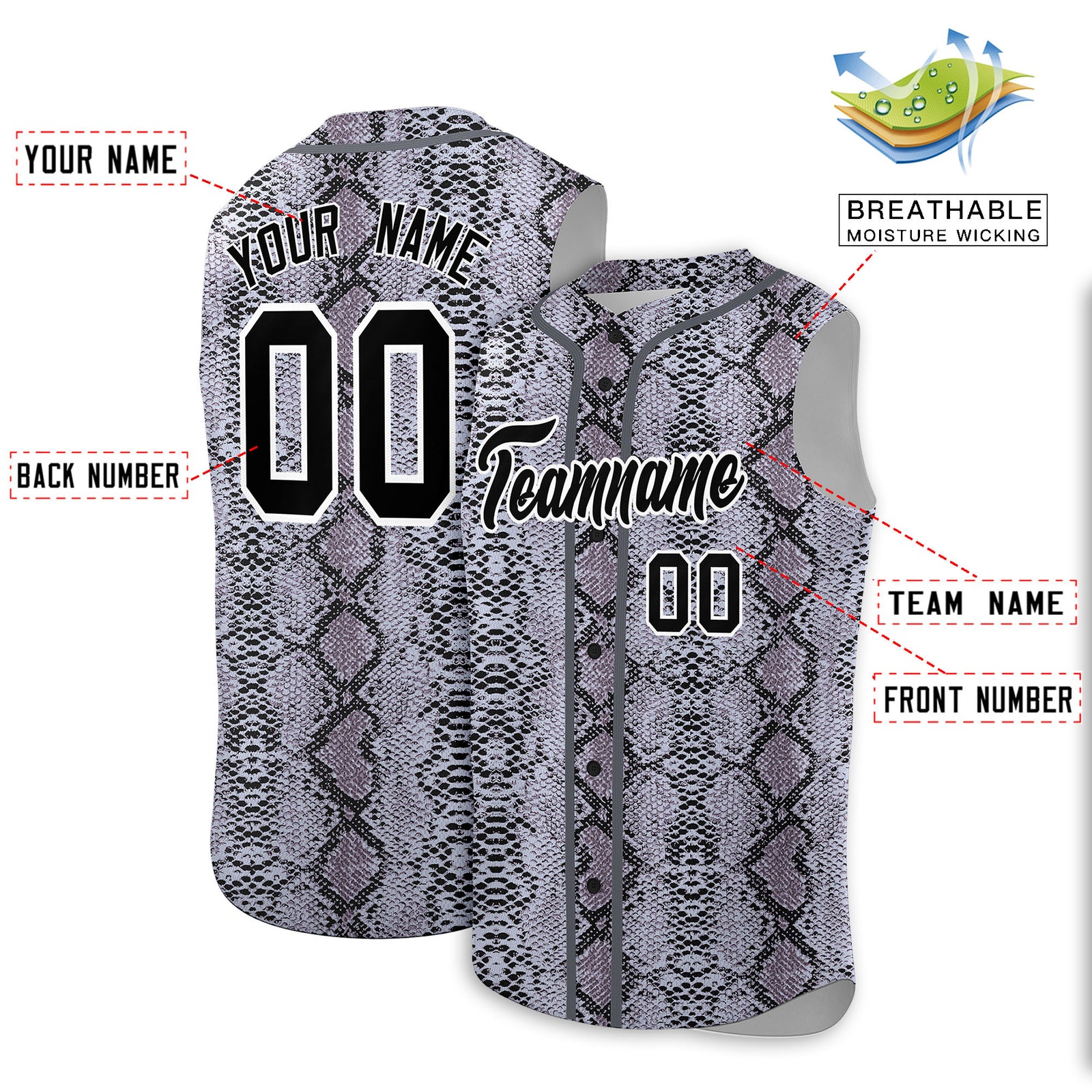 Custom Gray Snakeskin Pattern Authentic Sleeveless Baseball Jersey