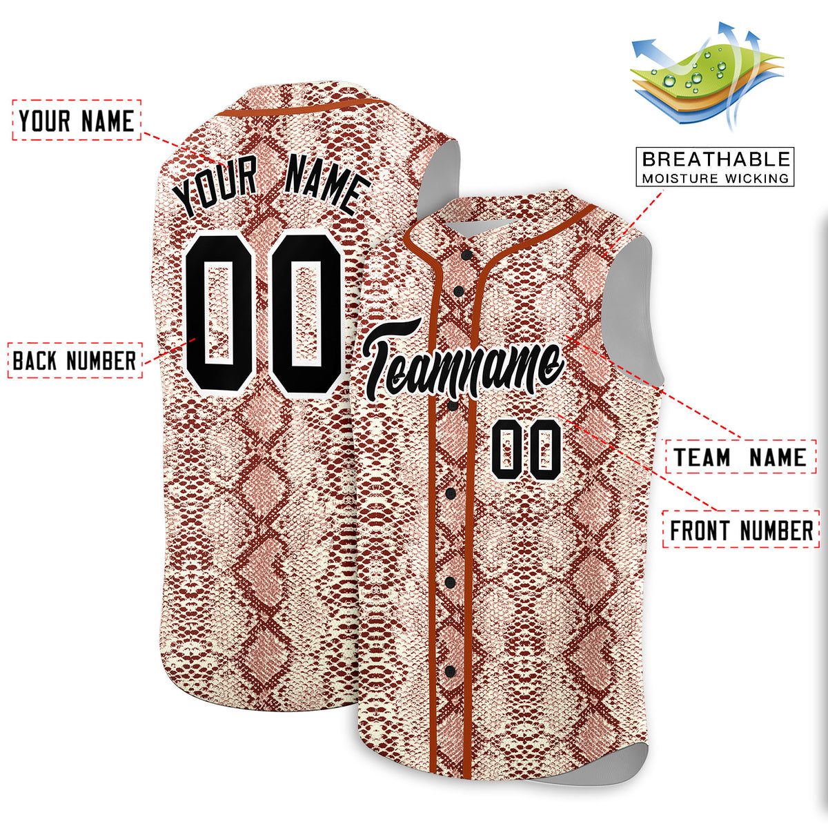 Custom Texas Orange Snakeskin Pattern Authentic Sleeveless Baseball Jersey