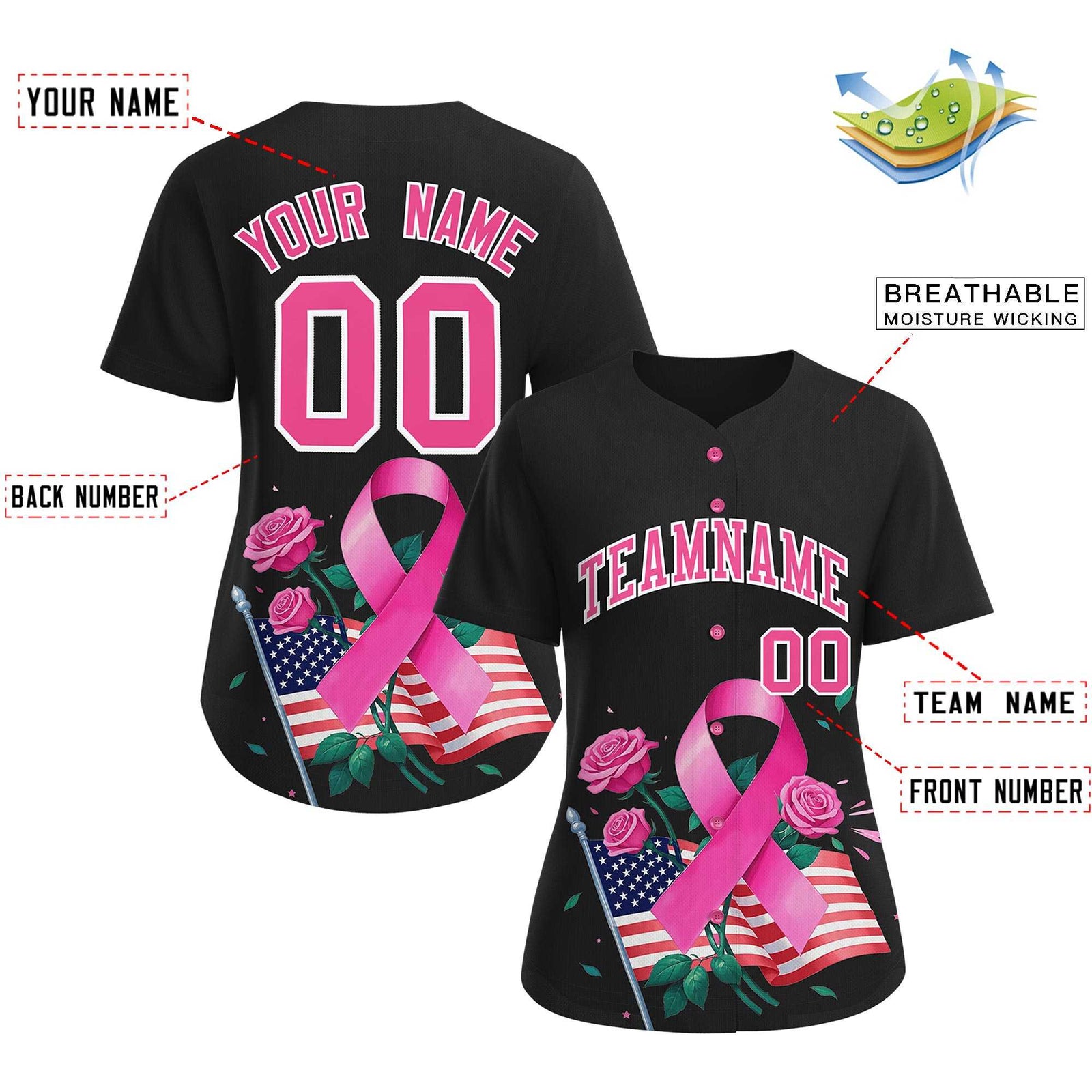 Custom Black Pink Breast Cancer Awareness Month Pink Ribbon Authentic Baseball Jersey for Women