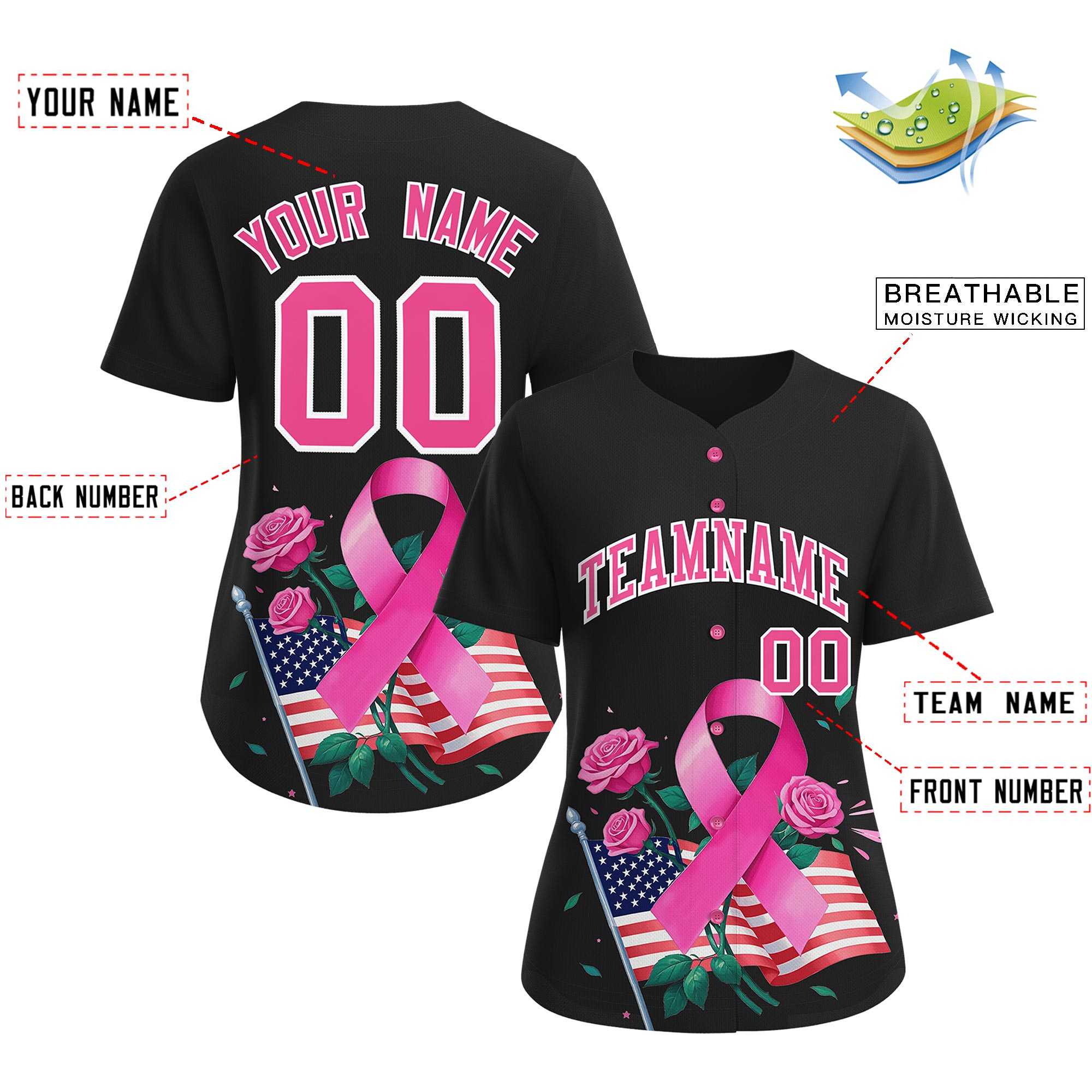 Custom Black Pink Breast Cancer Awareness Month Pink Ribbon Authentic Baseball Jersey for Women