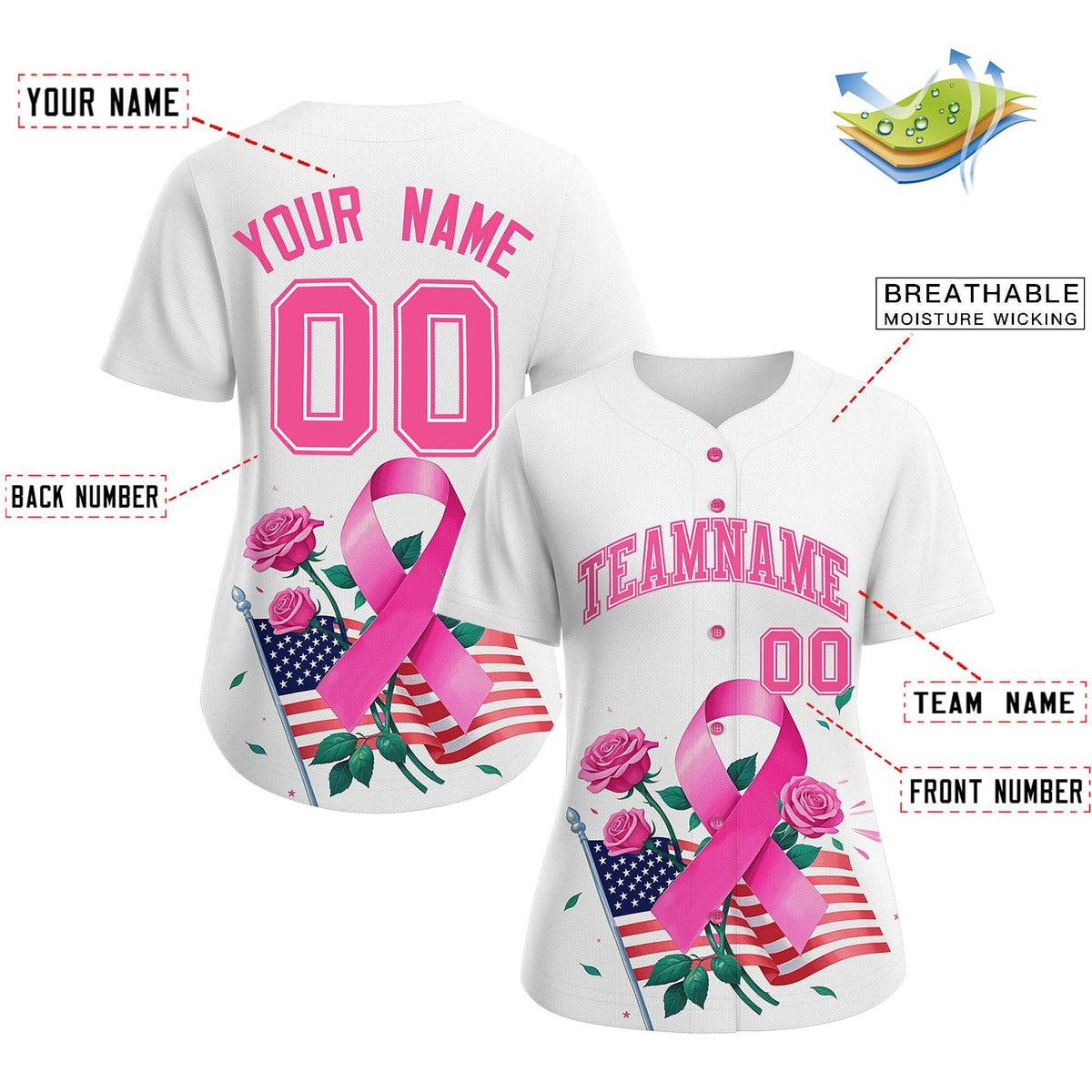 Custom White Pink Breast Cancer Awareness Month Pink Ribbon Authentic Baseball Jersey for Women