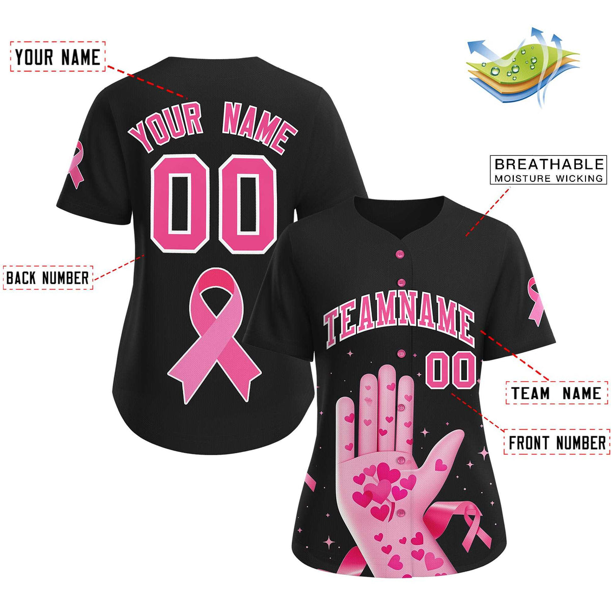 Custom Black Pink Breast Cancer Awareness Month Pink Ribbon Authentic Baseball Jersey for Women