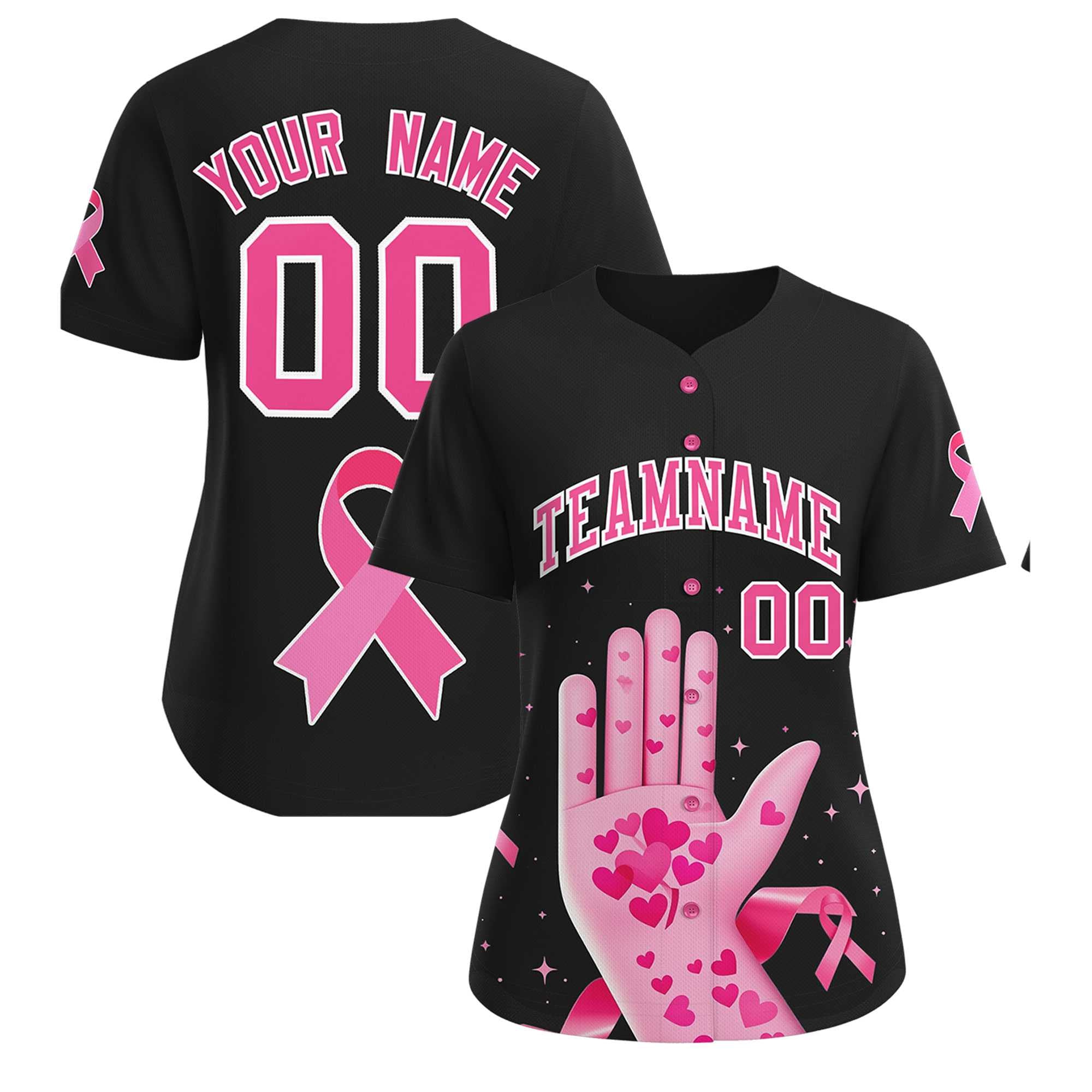Custom Black Pink Breast Cancer Awareness Month Pink Ribbon Authentic Baseball Jersey for Women