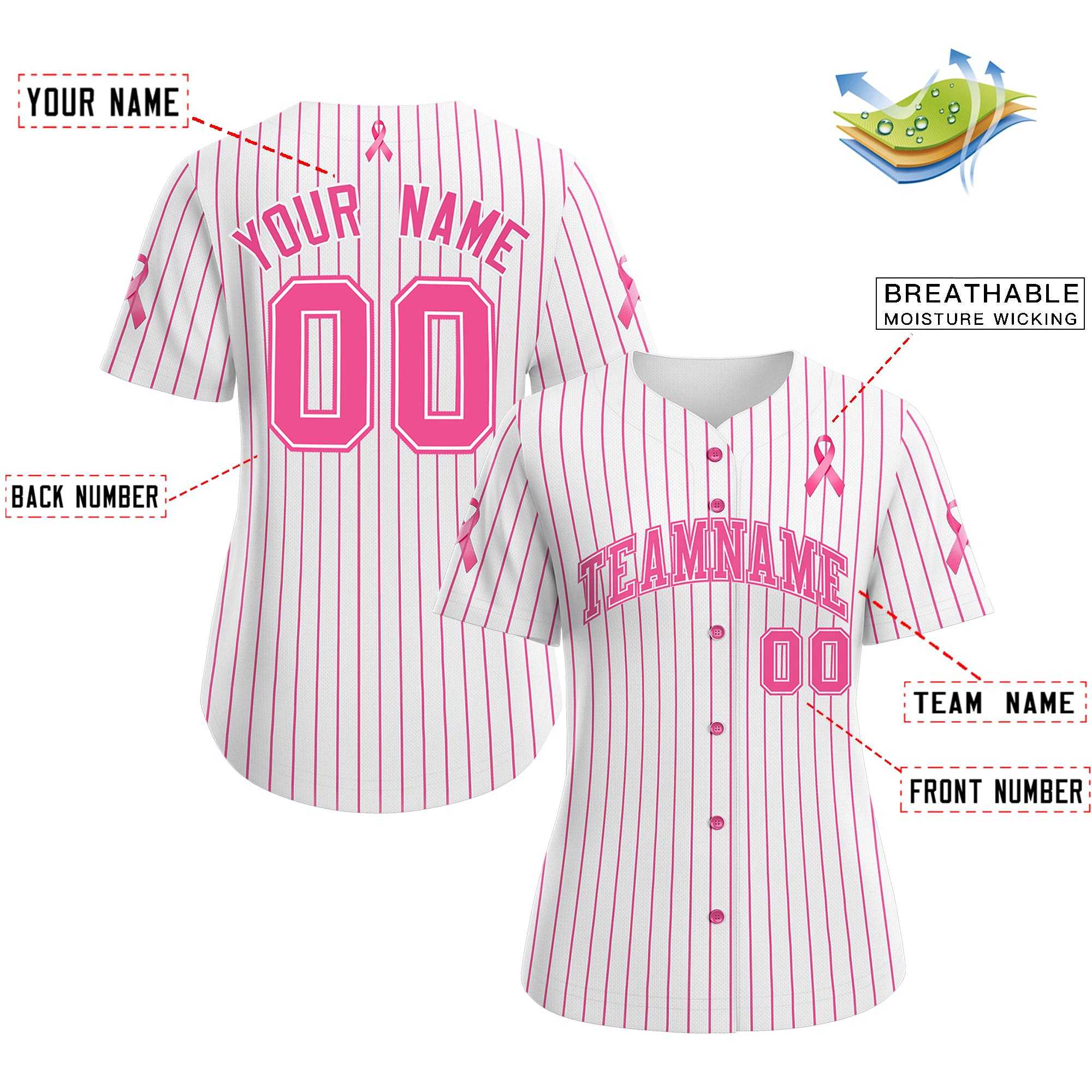 Custom White Pink Breast Cancer Awareness Month Pink Ribbon Authentic Baseball Jersey for Women