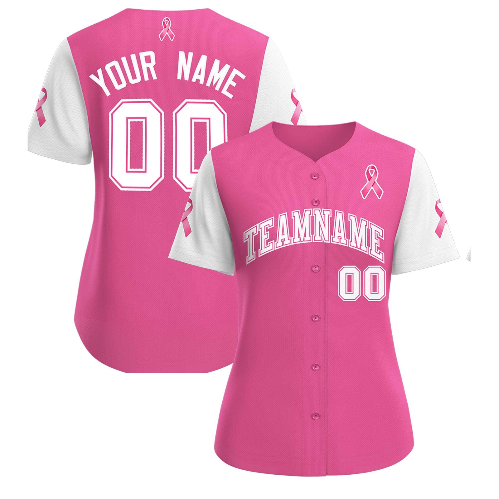 Custom Pink White Breast Cancer Awareness Month Pink Ribbon Authentic Baseball Jersey for Women