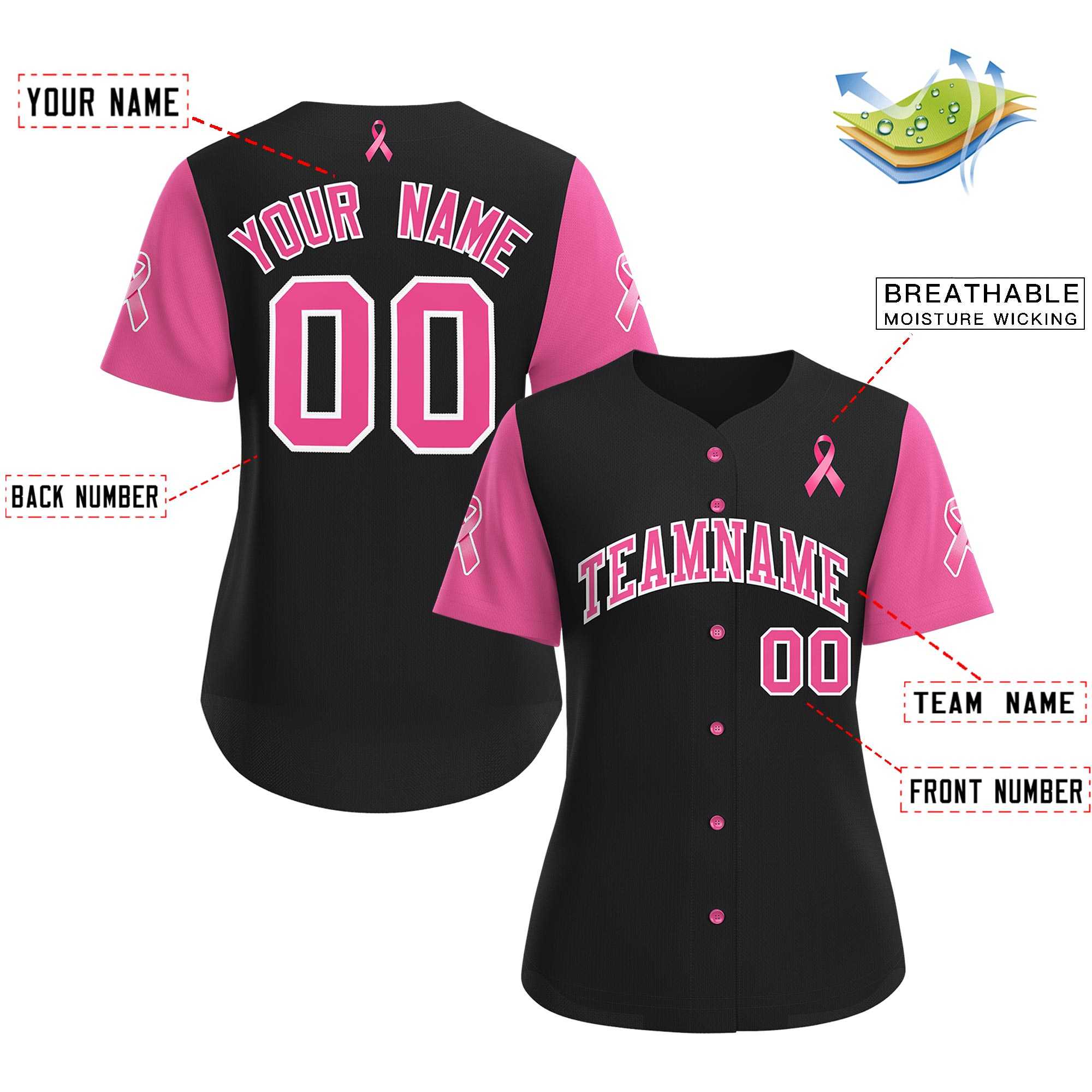 Custom Black Pink Breast Cancer Awareness Month Pink Ribbon Authentic Baseball Jersey for Women