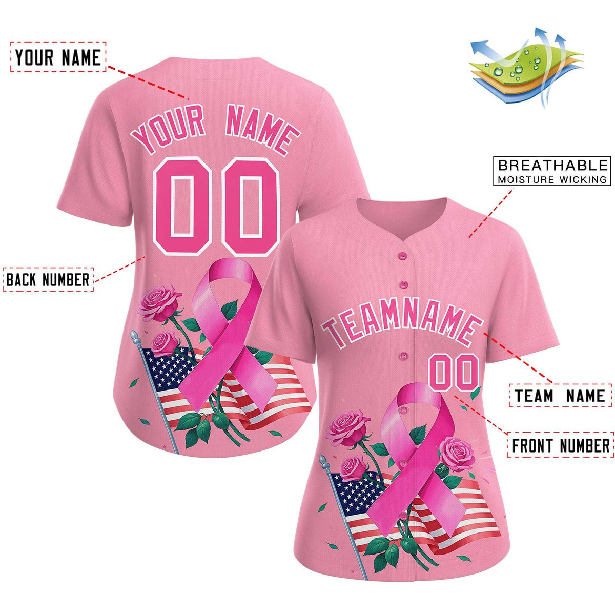 Custom Light Pink Pink Breast Cancer Awareness Month Pink Ribbon Authentic Baseball Jersey for Women