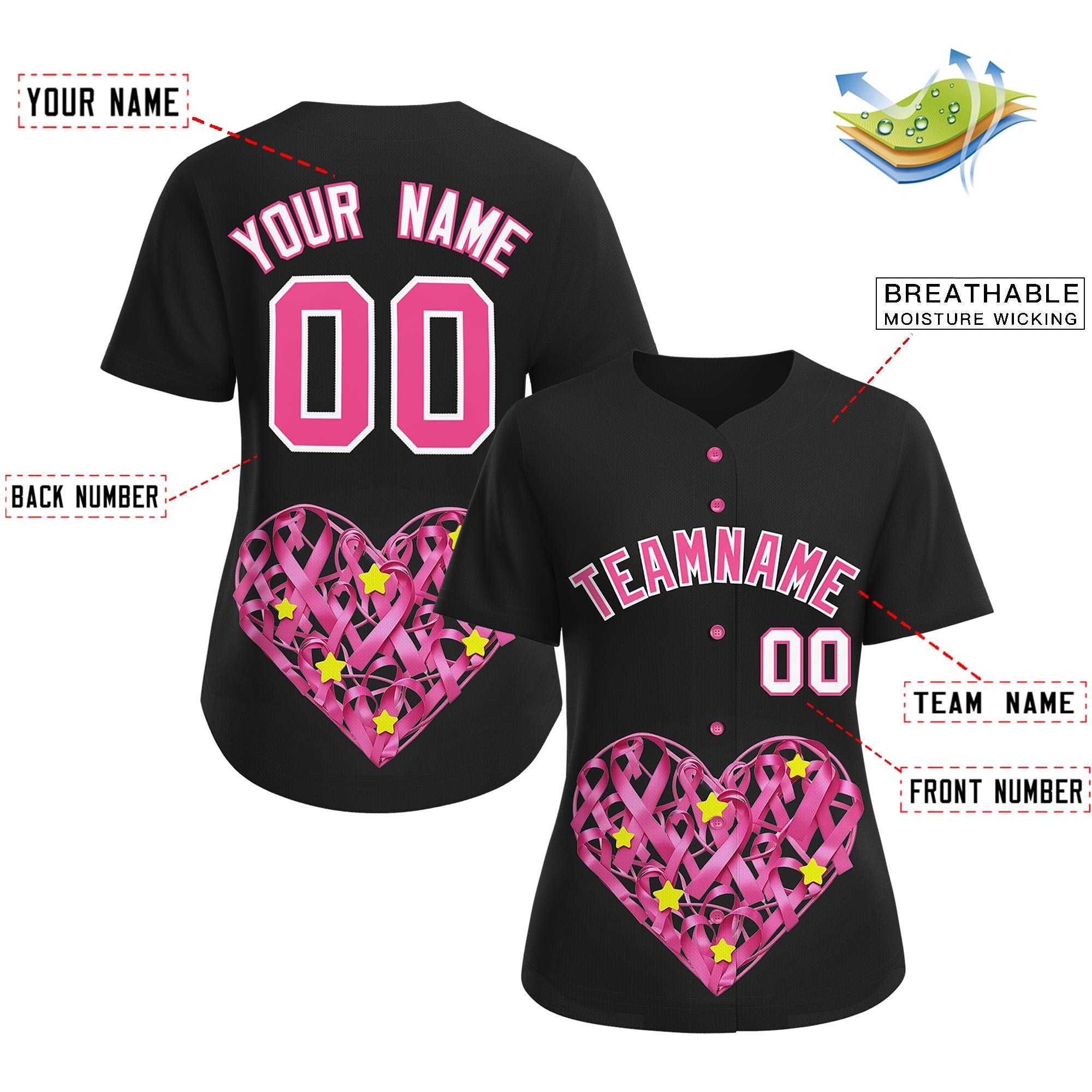 Custom Black Pink Breast Cancer Awareness Month Pink Ribbon Authentic Baseball Jersey for Women