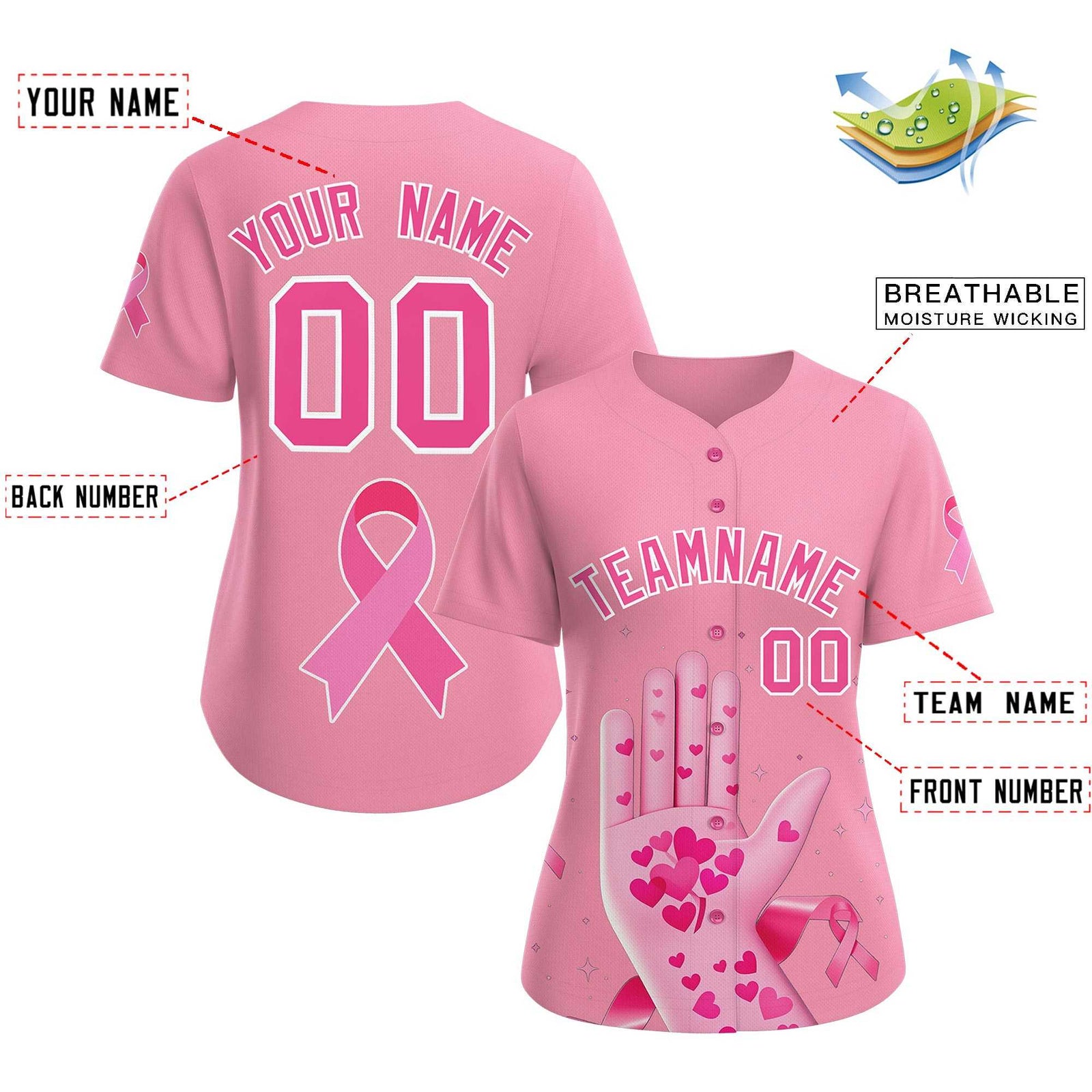 Custom Light Pink Pink Breast Cancer Awareness Month Pink Ribbon Authentic Baseball Jersey for Women