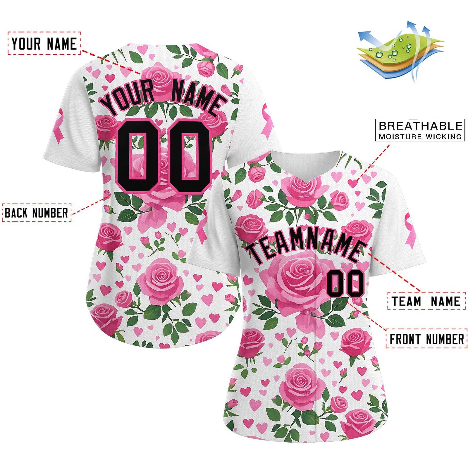 Custom White Black Breast Cancer Awareness Month Pink Ribbon Authentic Baseball Jersey for Women