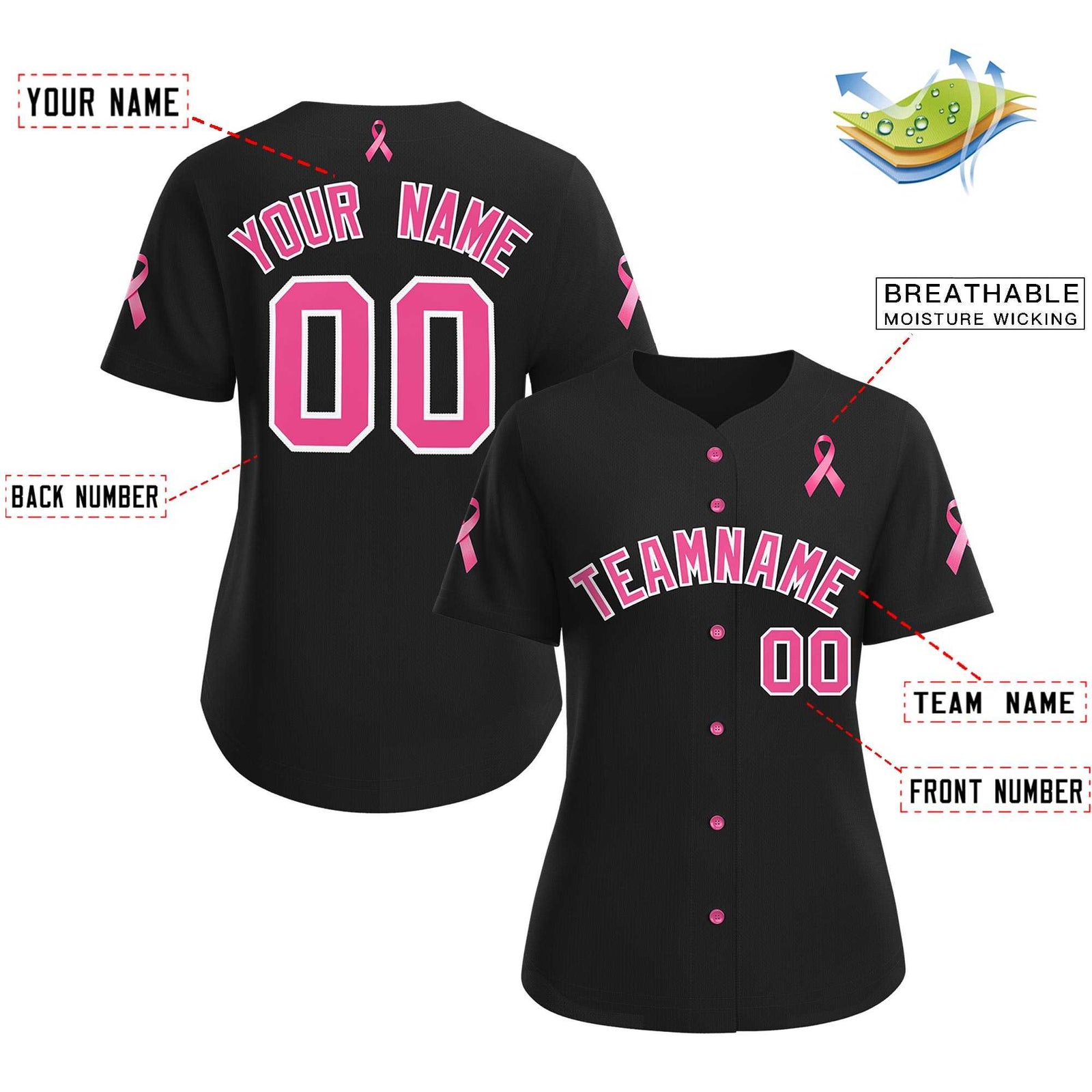 Custom Black Pink Breast Cancer Awareness Month Pink Ribbon Authentic Baseball Jersey for Women