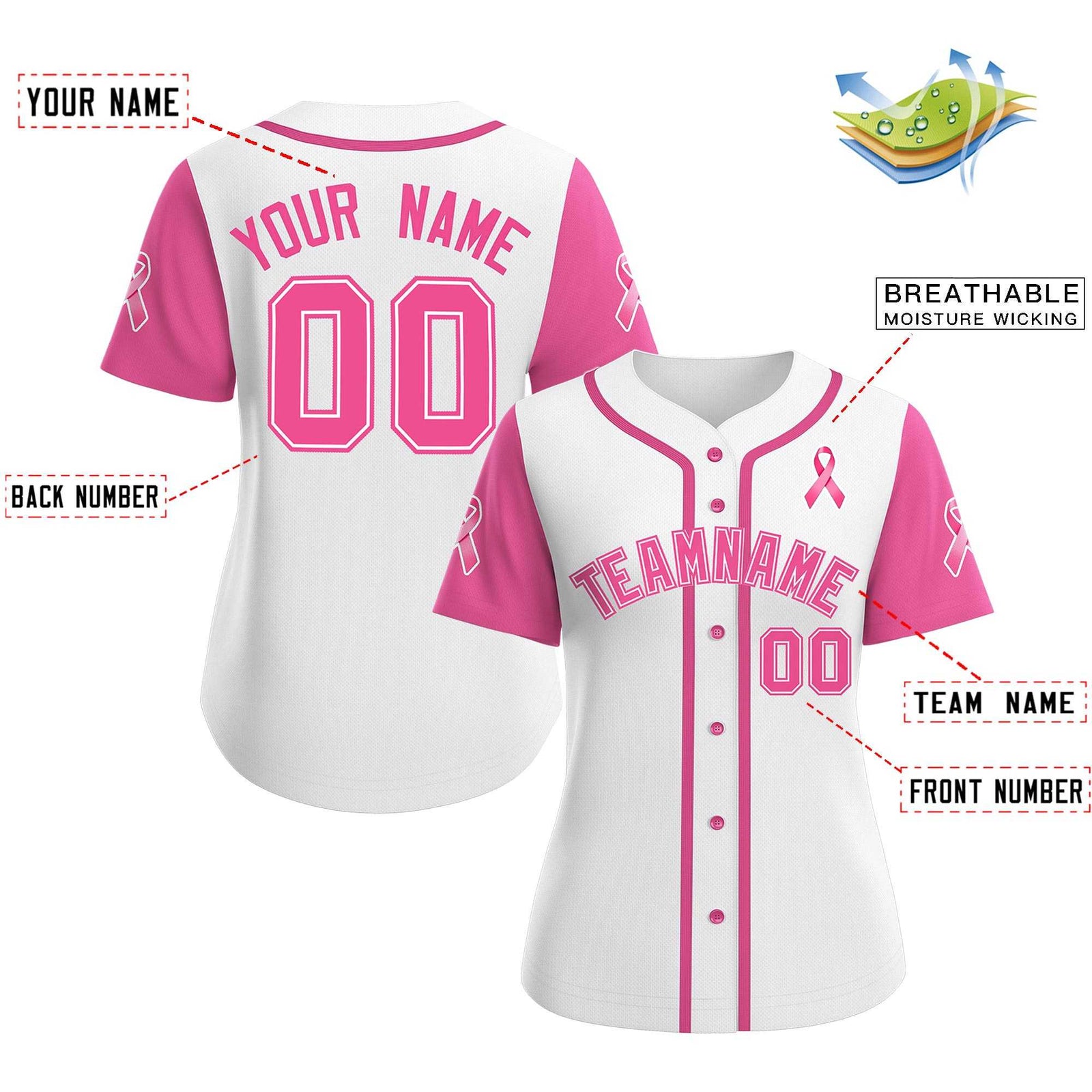 Custom White Pink Breast Cancer Awareness Month Pink Ribbon Authentic Baseball Jersey for Women