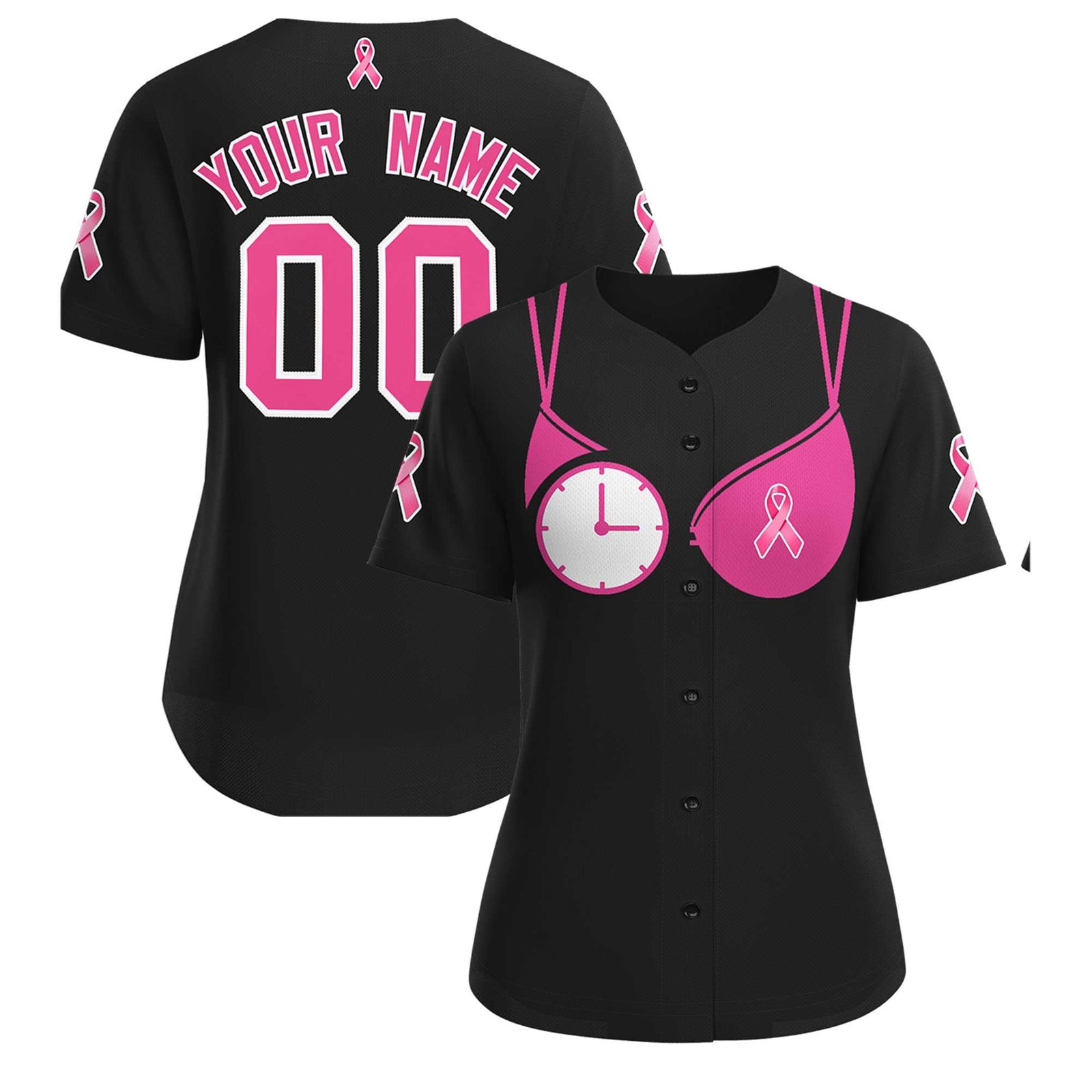 Custom Black Pink Breast Cancer Awareness Month Pink Ribbon Authentic Baseball Jersey for Women