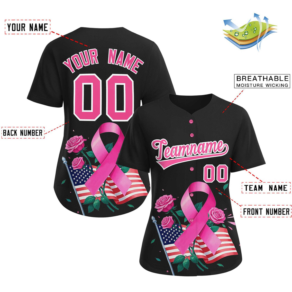 Custom Black Pink Breast Cancer Awareness Month Pink Ribbon Authentic Baseball Jersey for Women| KXKSHOP