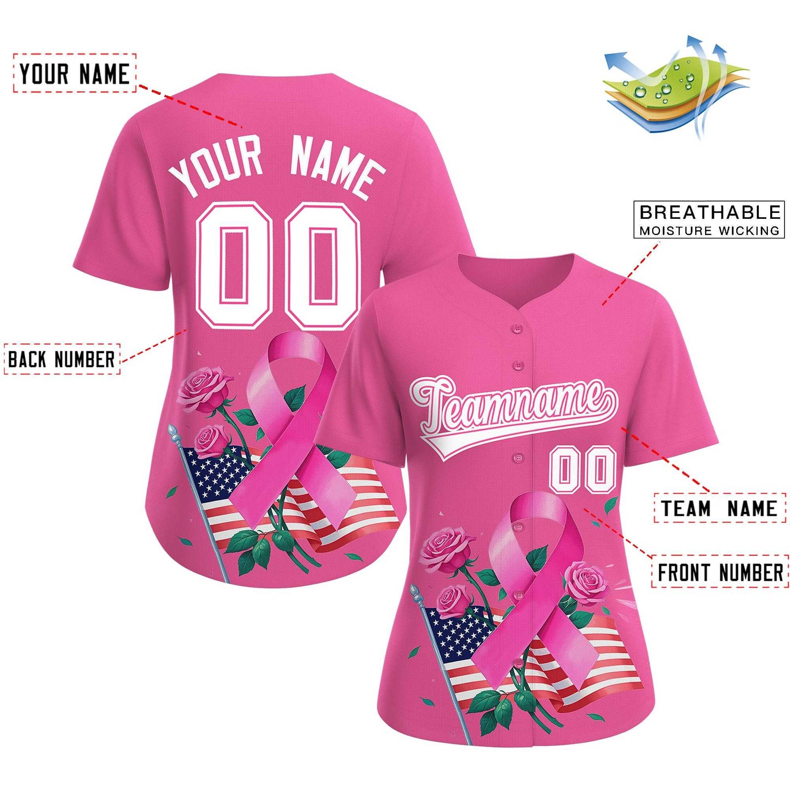 Custom Pink White Breast Cancer Awareness Month Pink Ribbon Authentic Baseball Jersey for Women| KXKSHOP