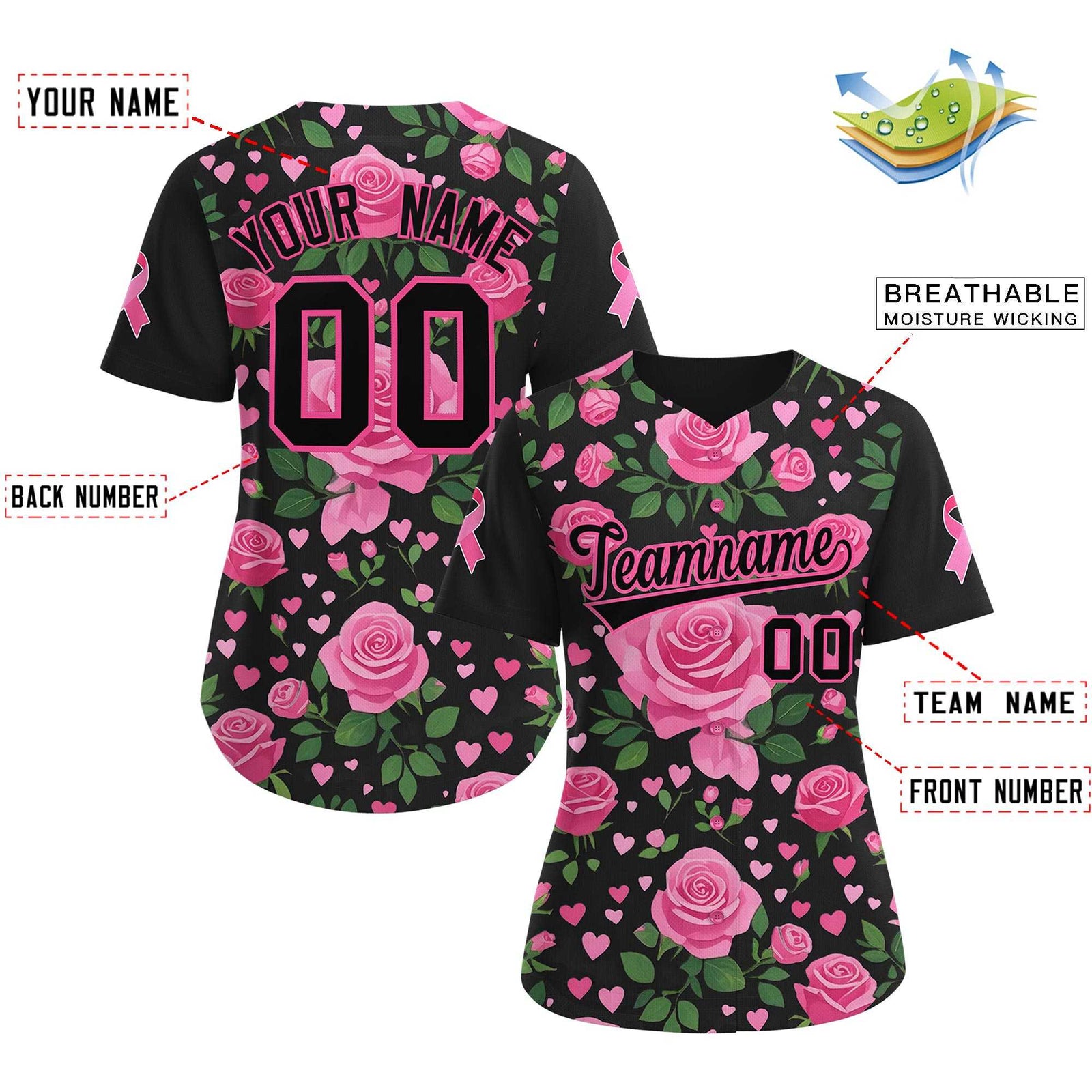 Custom Black Pink Breast Cancer Awareness Month Pink Ribbon Authentic Baseball Jersey for Women| KXKSHOP