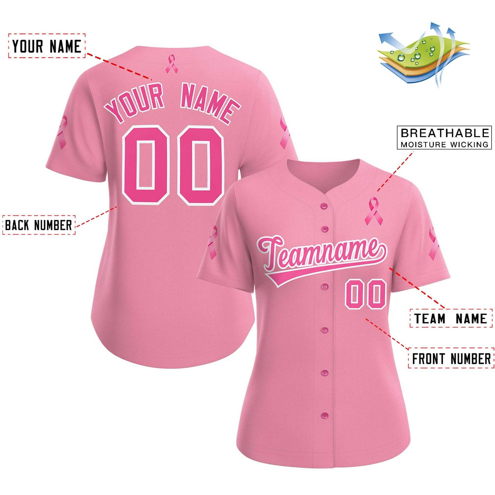 Custom Light Pink Pink Breast Cancer Awareness Month Pink Ribbon Authentic Baseball Jersey for Women| KXKSHOP