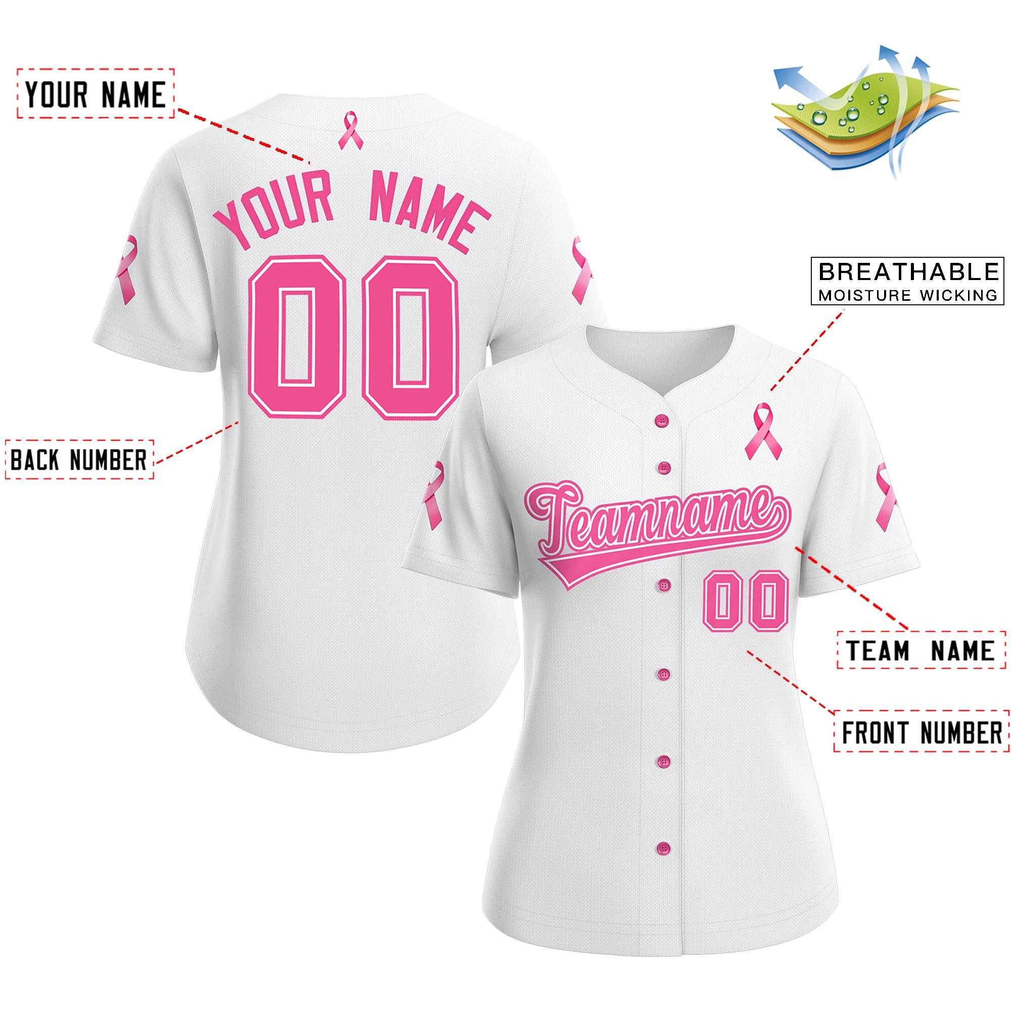 Custom White Pink Breast Cancer Awareness Month Pink Ribbon Authentic Baseball Jersey for Women| KXKSHOP
