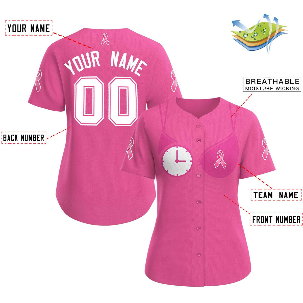 Custom Pink White Breast Cancer Awareness Month Pink Ribbon Authentic Baseball Jersey for Women| KXKSHOP