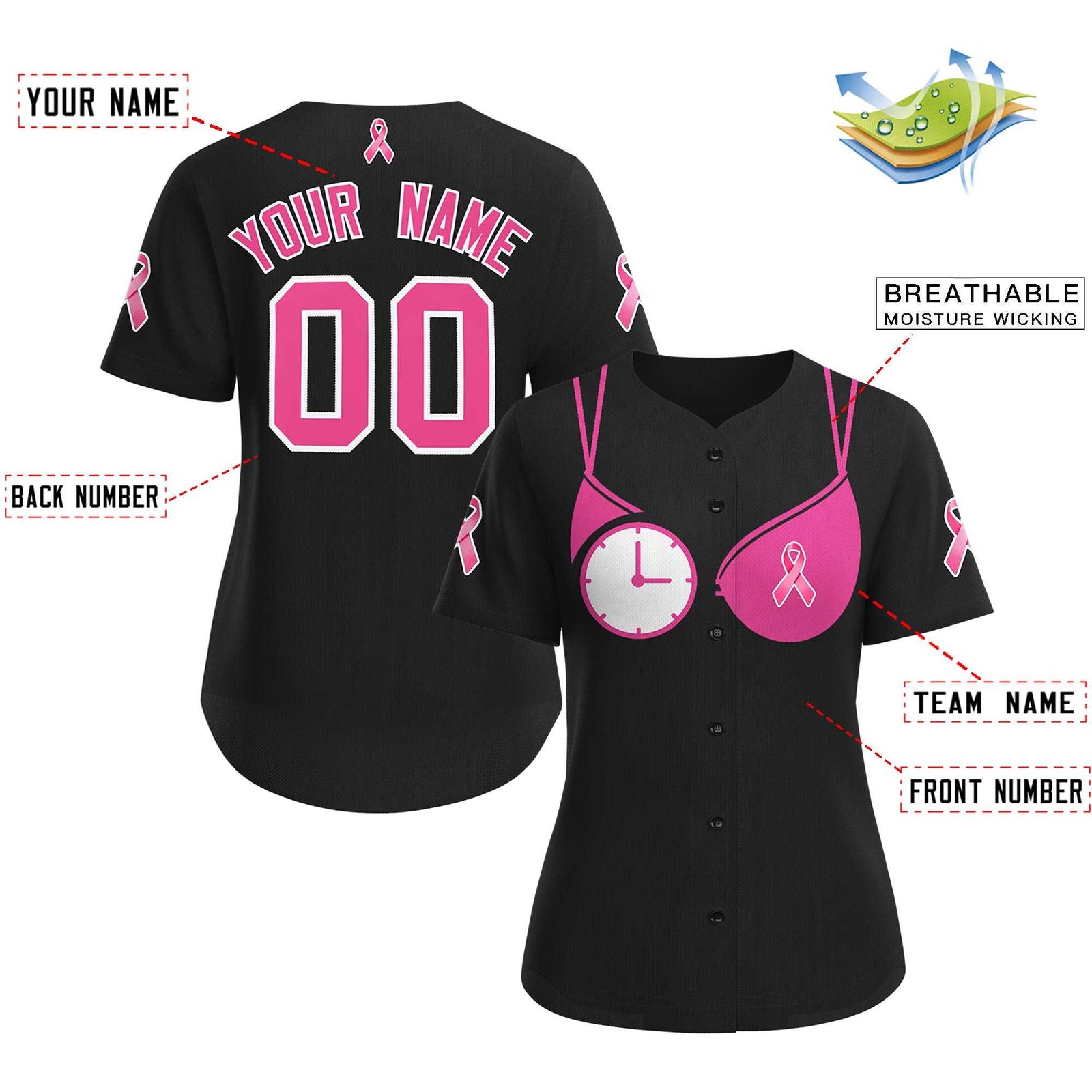 Custom Black Pink Breast Cancer Awareness Month Pink Ribbon Authentic Baseball Jersey for Women| KXKSHOP