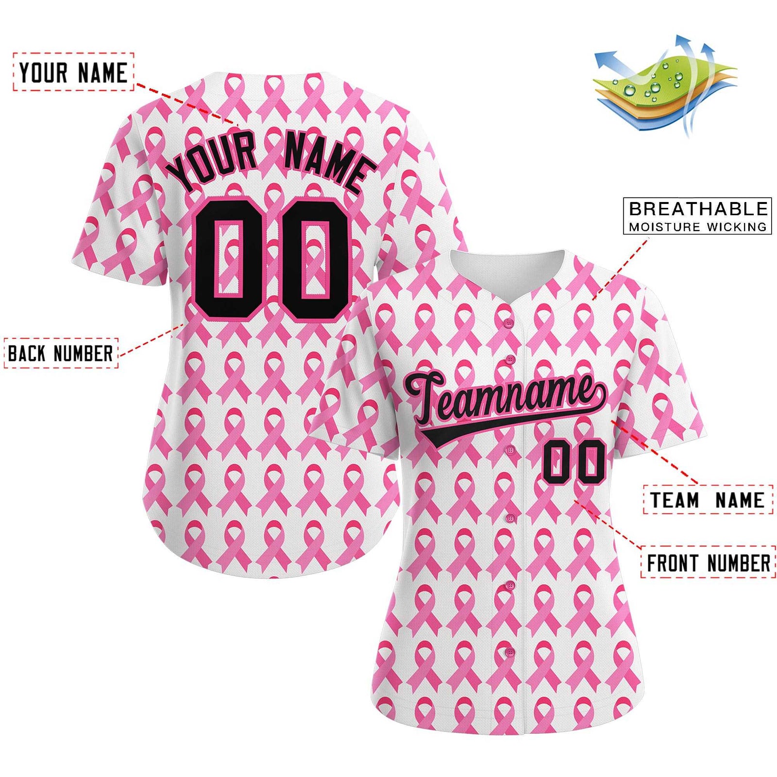 Custom White Black Breast Cancer Awareness Month Pink Ribbon Authentic Baseball Jersey for Women| KXKSHOP