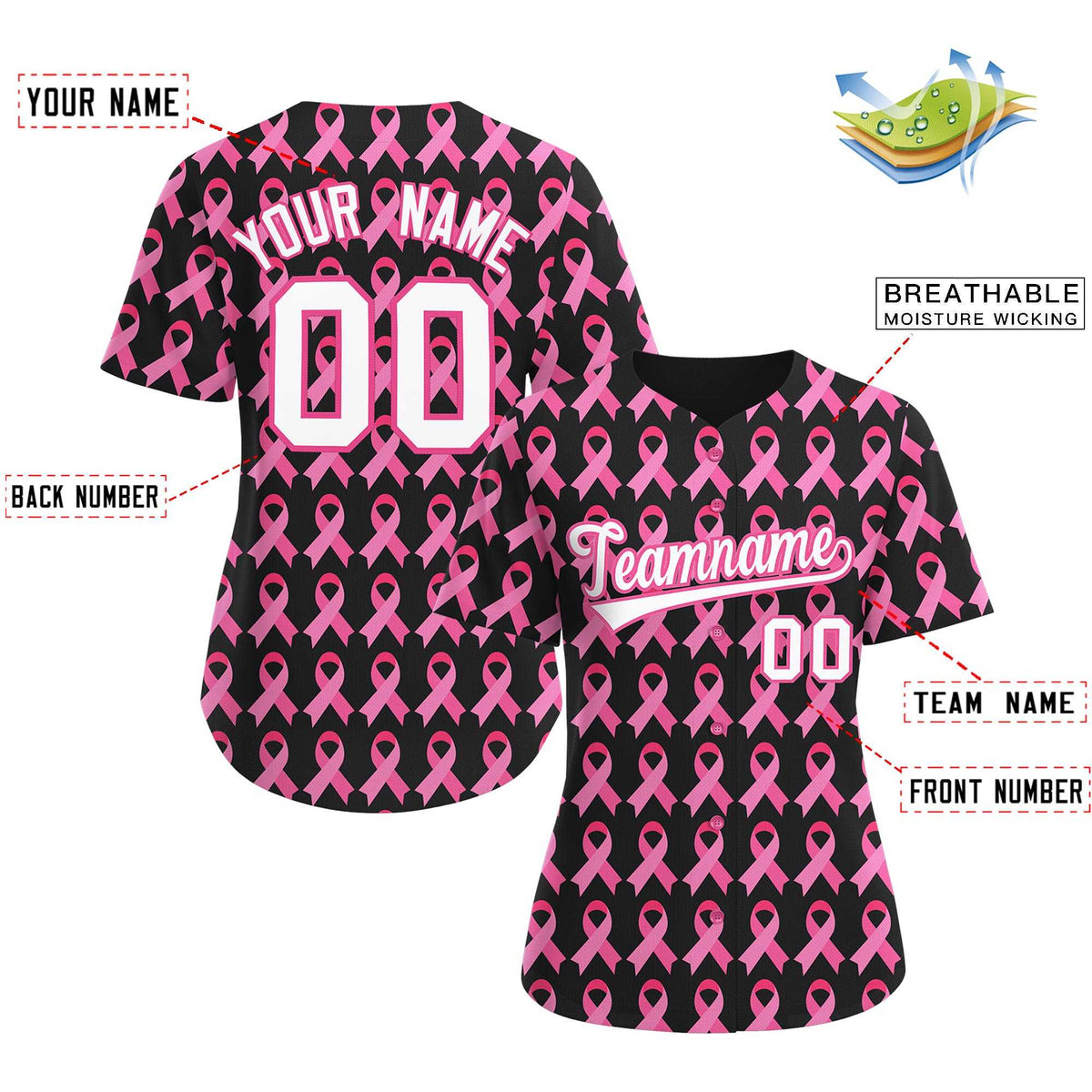 Custom Black Pink Breast Cancer Awareness Month Pink Ribbon Authentic Baseball Jersey for Women| KXKSHOP