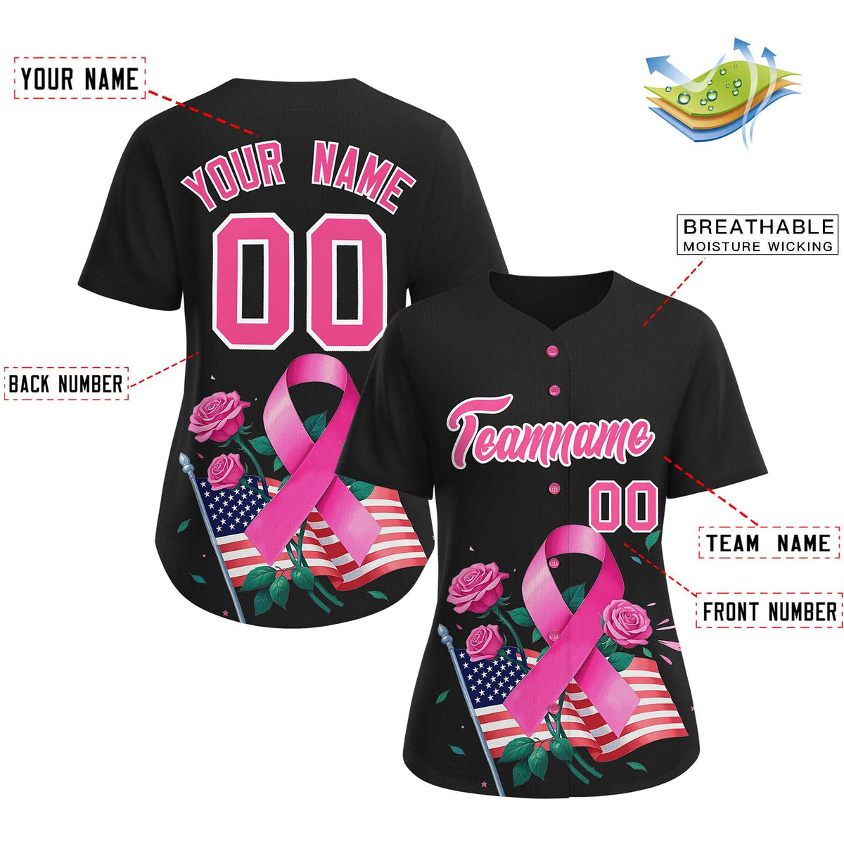 Custom Black Pink Breast Cancer Awareness Month Pink Ribbon Authentic Baseball Jersey for Women