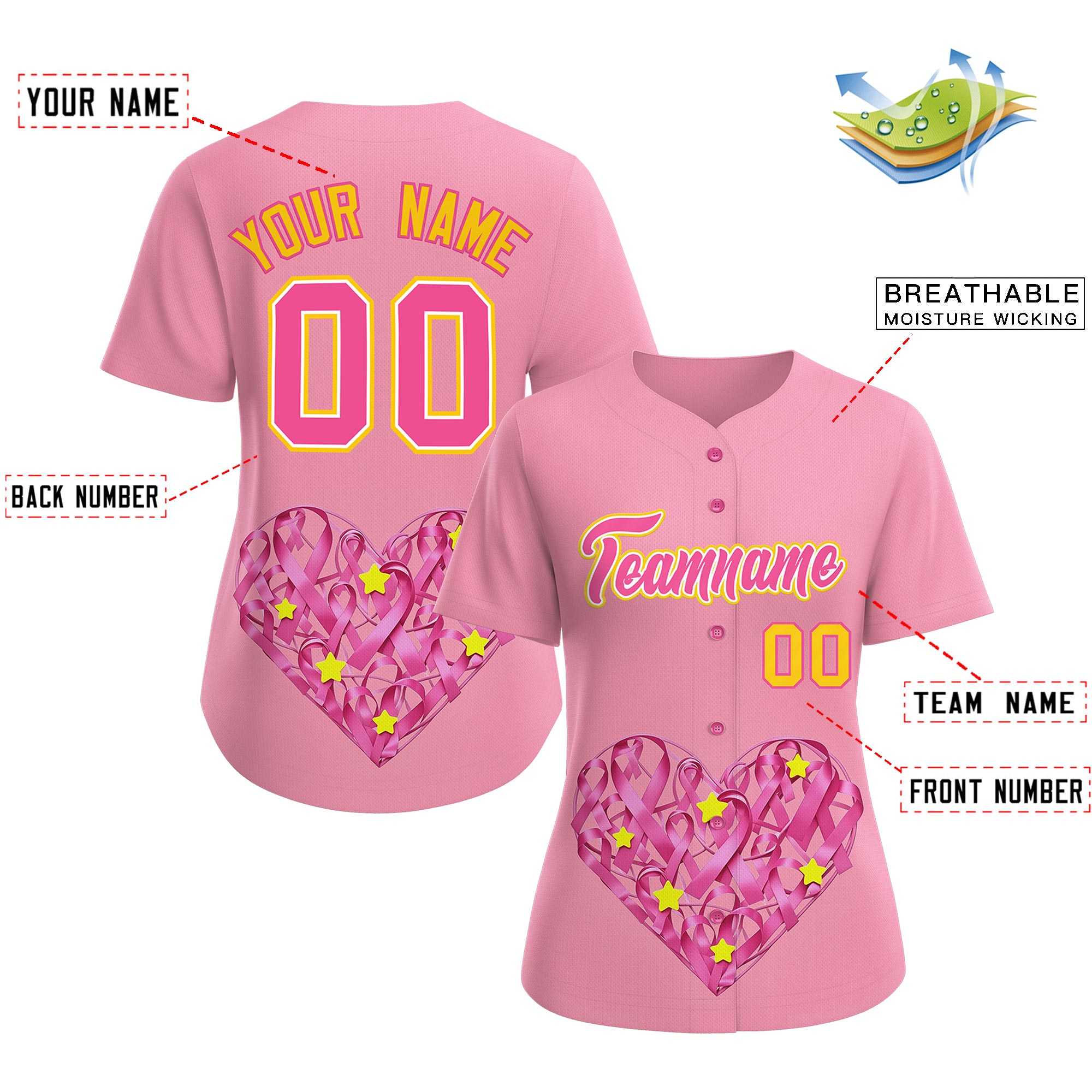 Custom Light Pink Pink Breast Cancer Awareness Month Pink Ribbon Authentic Baseball Jersey for Women