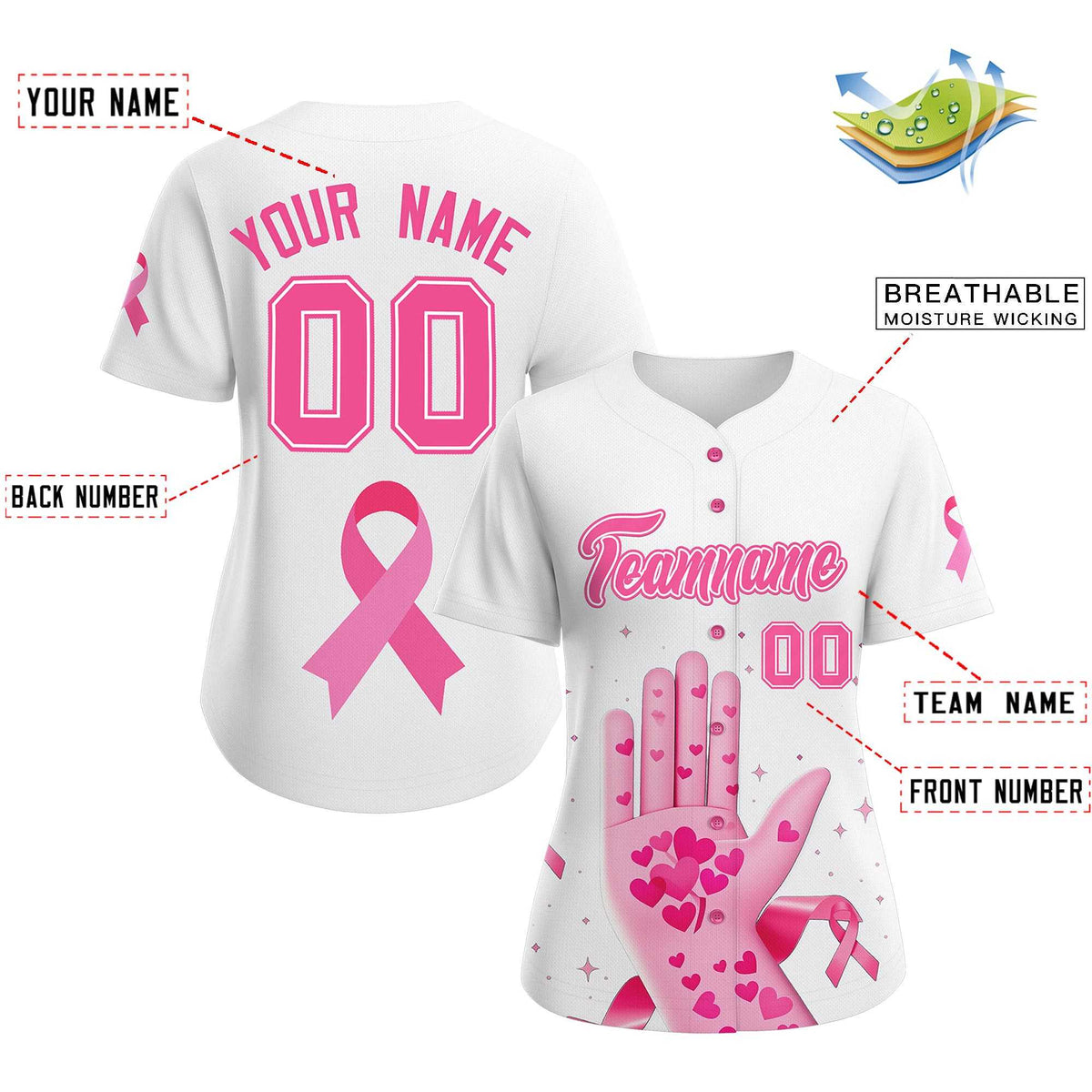 Custom White Pink Breast Cancer Awareness Month Pink Ribbon Authentic Baseball Jersey for Women