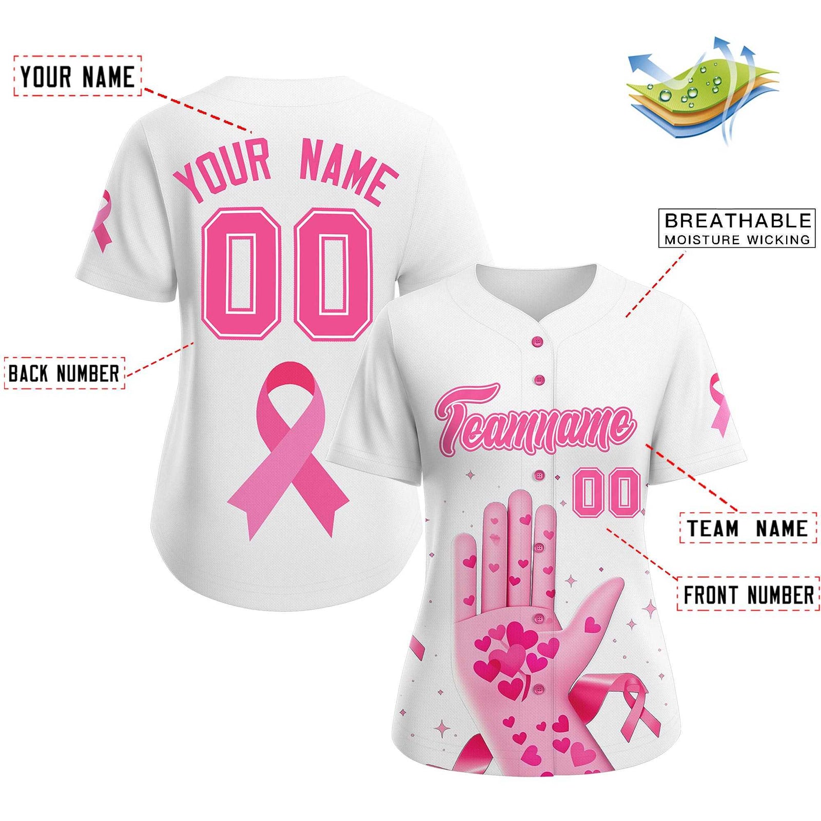 Custom White Pink Breast Cancer Awareness Month Pink Ribbon Authentic Baseball Jersey for Women