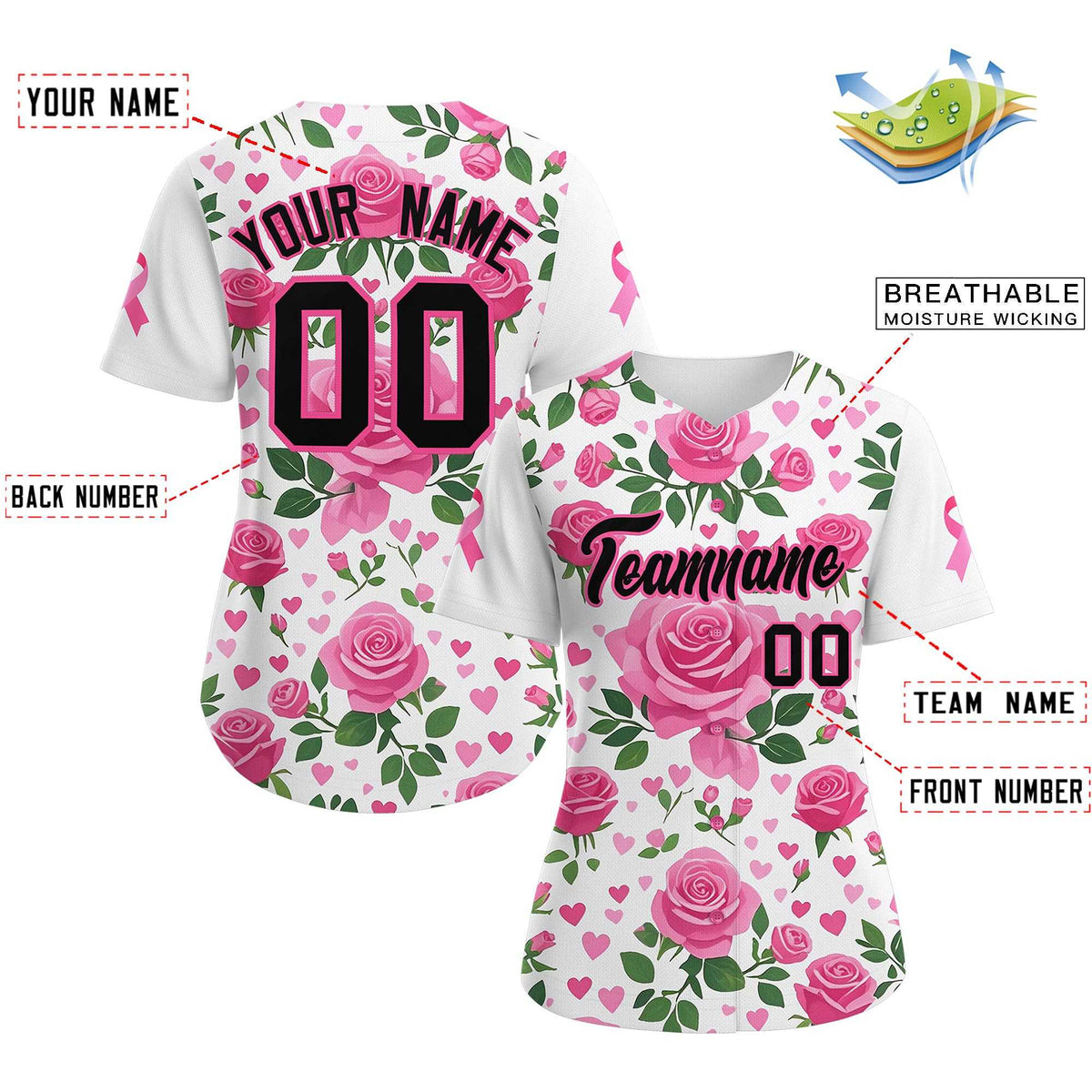 Custom White Black Breast Cancer Awareness Month Pink Ribbon Authentic Baseball Jersey for Women