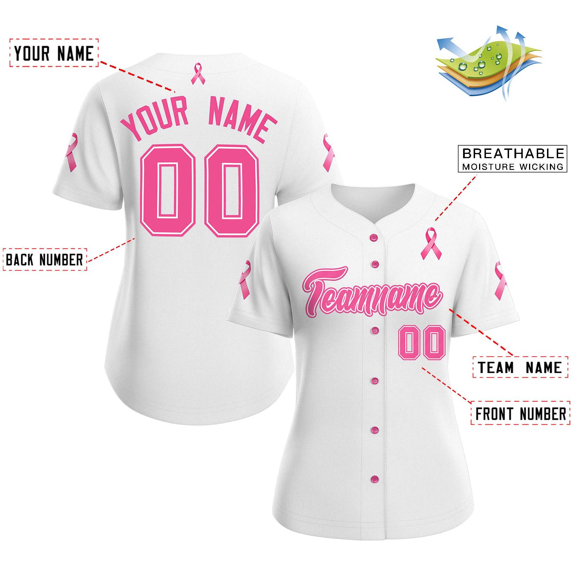 Custom White Pink Breast Cancer Awareness Month Pink Ribbon Authentic Baseball Jersey for Women