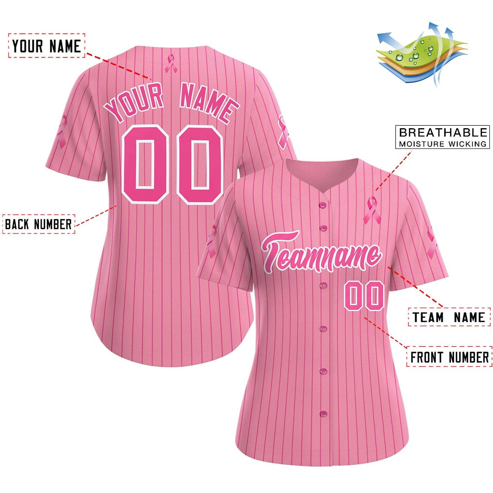 Custom Light Pink Pink Breast Cancer Awareness Month Pink Ribbon Authentic Baseball Jersey for Women
