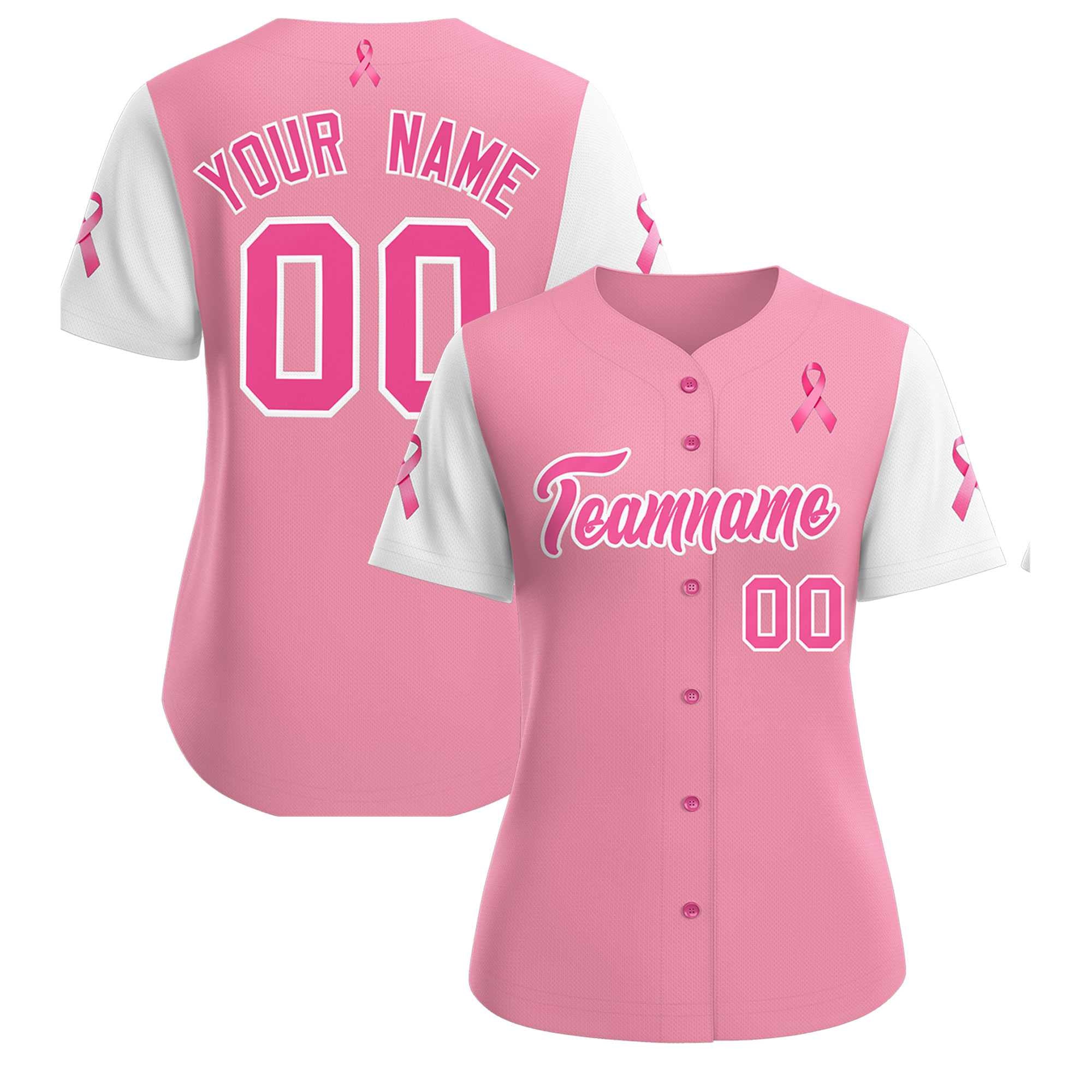 Custom Light Pink White Breast Cancer Awareness Month Pink Ribbon Authentic Baseball Jersey for Women