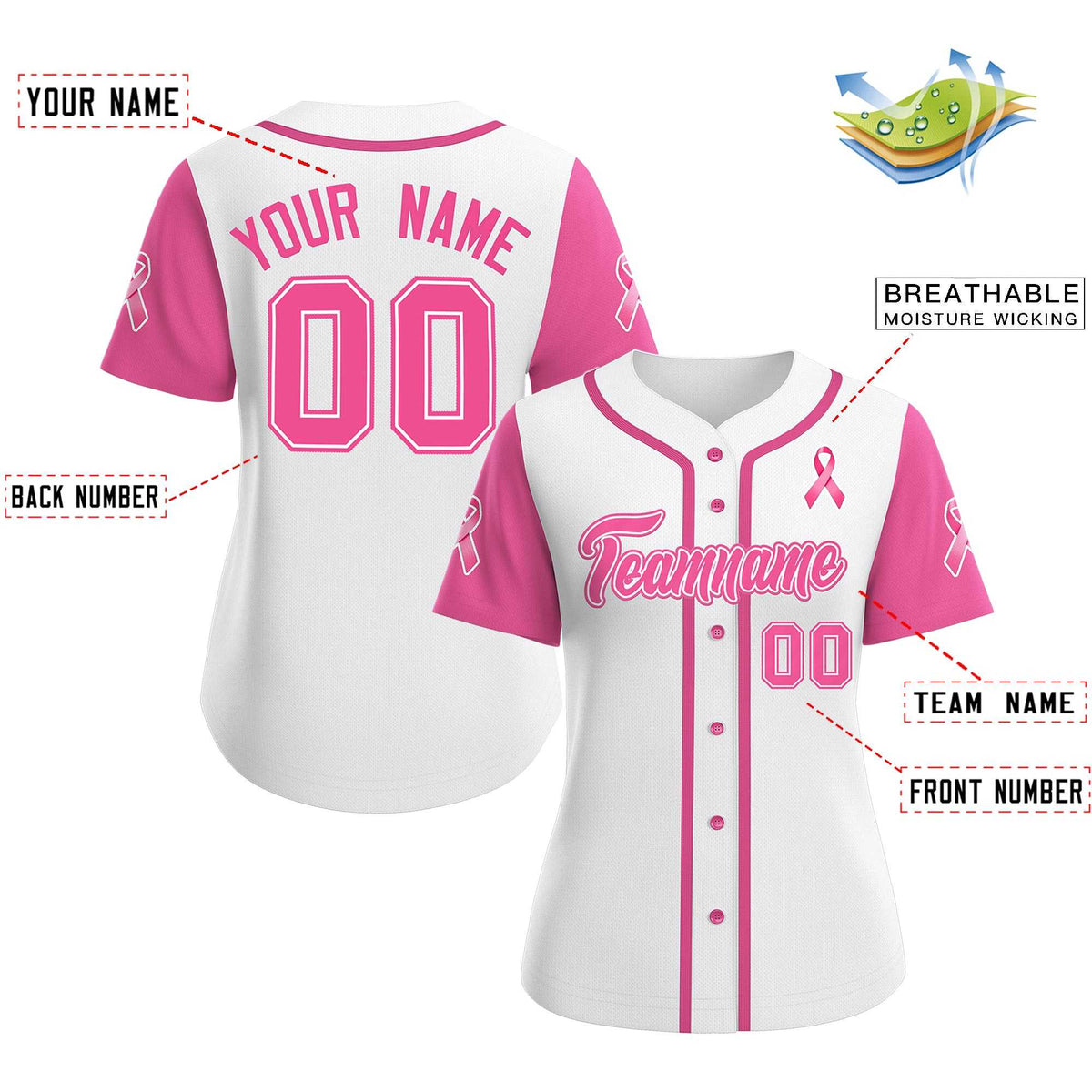 Custom White Pink Breast Cancer Awareness Month Pink Ribbon Authentic Baseball Jersey for Women