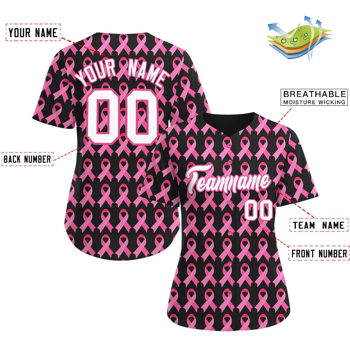 Custom Black Pink Breast Cancer Awareness Month Pink Ribbon Authentic Baseball Jersey for Women