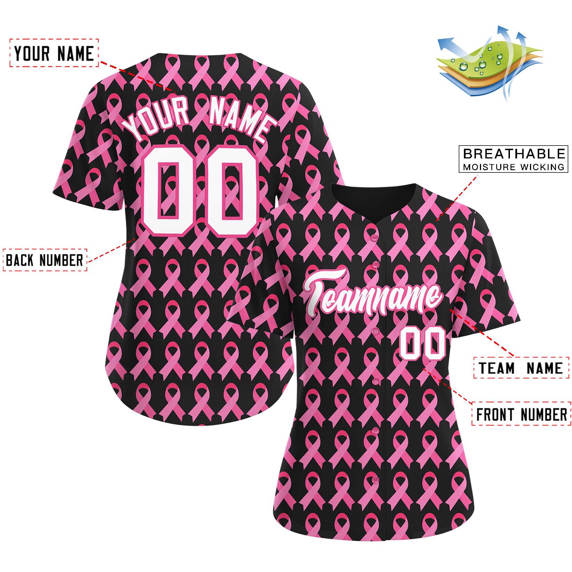 Custom Black Pink Breast Cancer Awareness Month Pink Ribbon Authentic Baseball Jersey for Women