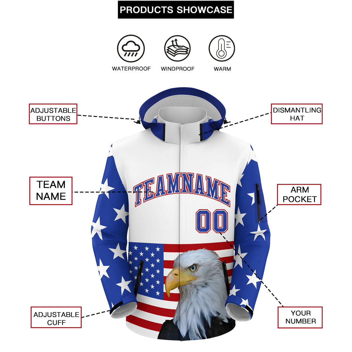 Custom White Independence Day American Flag Waterproof Jacket| KXKSHOP
