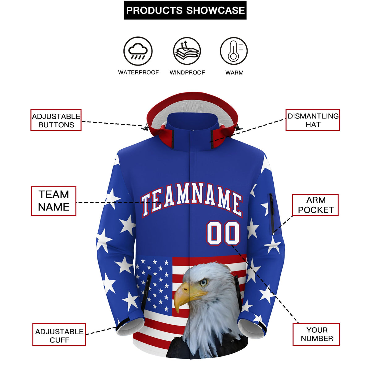 Custom Royal Blue White Independence Day American Flag Waterproof Jacket| KXKSHOP