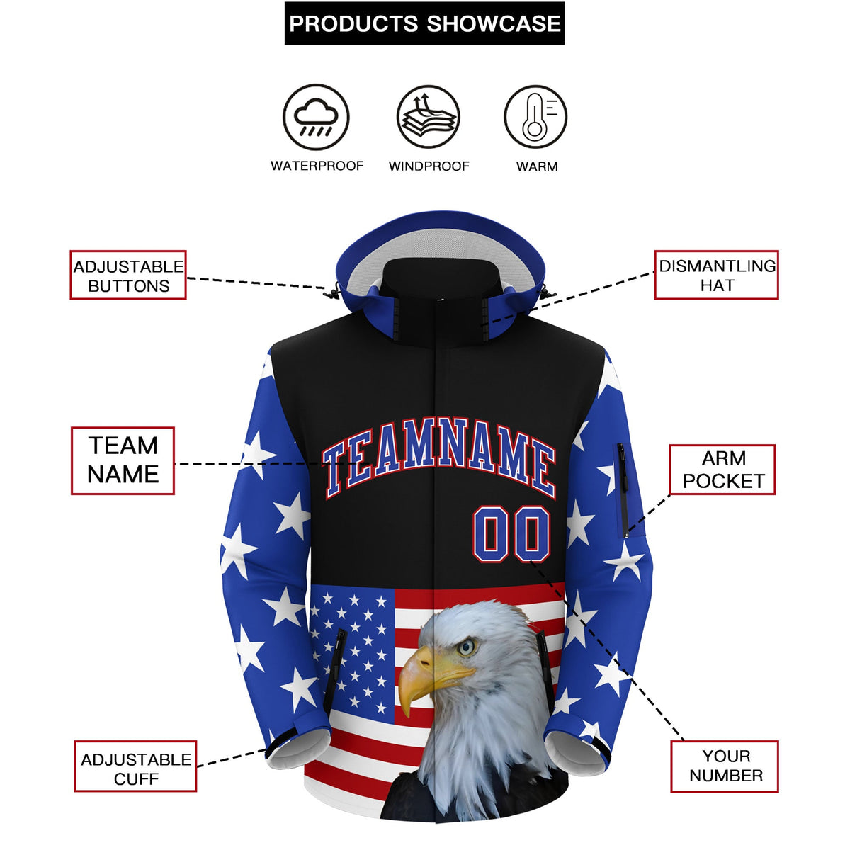 Custom Black White Independence Day American Flag Waterproof Jacket| KXKSHOP