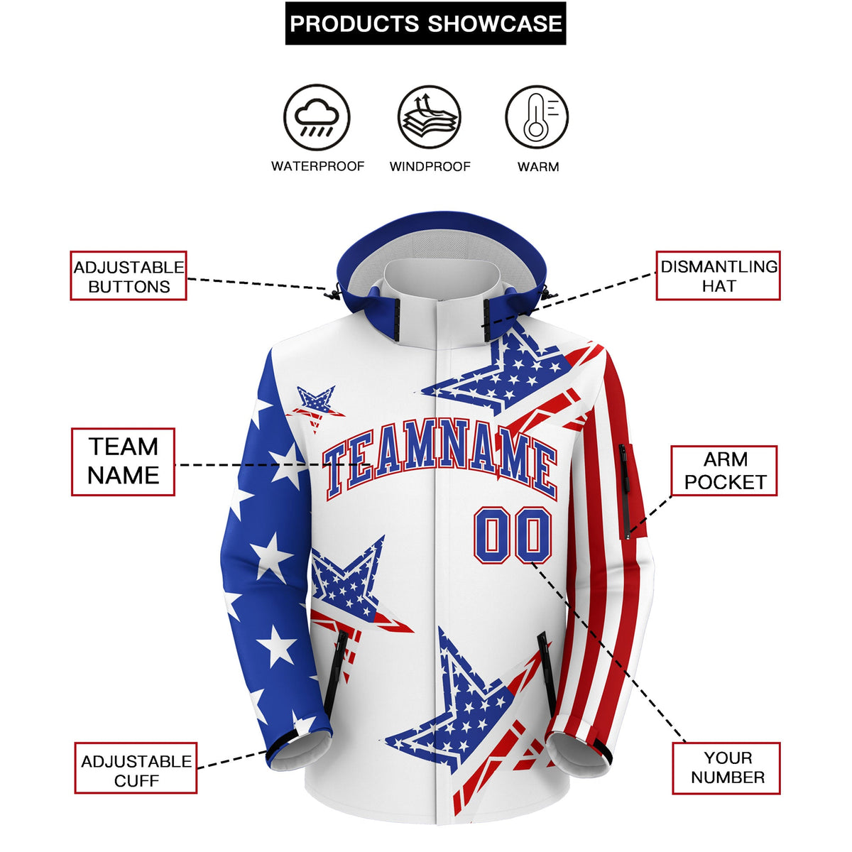 Custom White Royal Blue Red Independence Day American Flag Waterproof Jacket| KXKSHOP