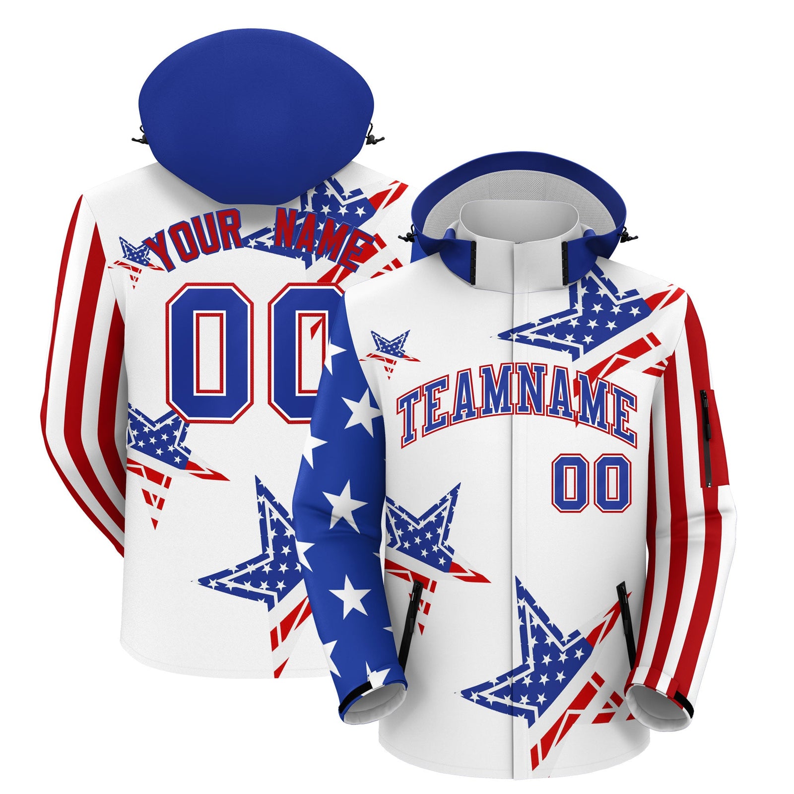 Custom White Royal Blue Red Independence Day American Flag Waterproof Jacket| KXKSHOP