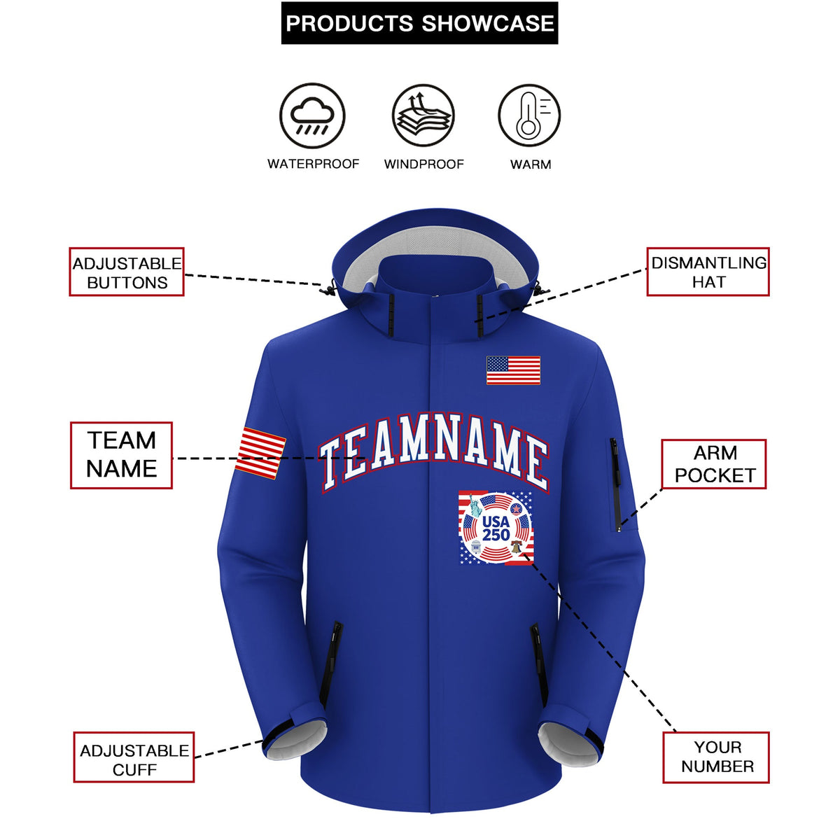 Custom Royal Blue Independence Day American Flag Waterproof Jacket| KXKSHOP