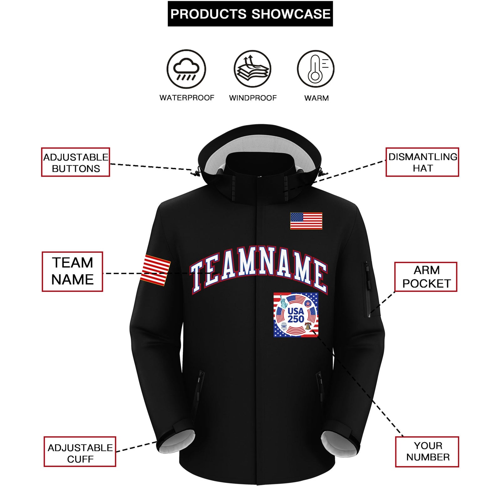Custom Black Independence Day American Flag Waterproof Jacket| KXKSHOP