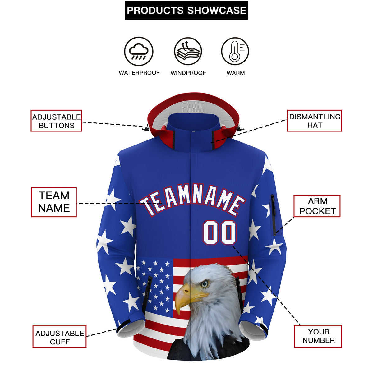 Custom Royal Blue White Independence Day American Flag Waterproof Jacket| KXKSHOP