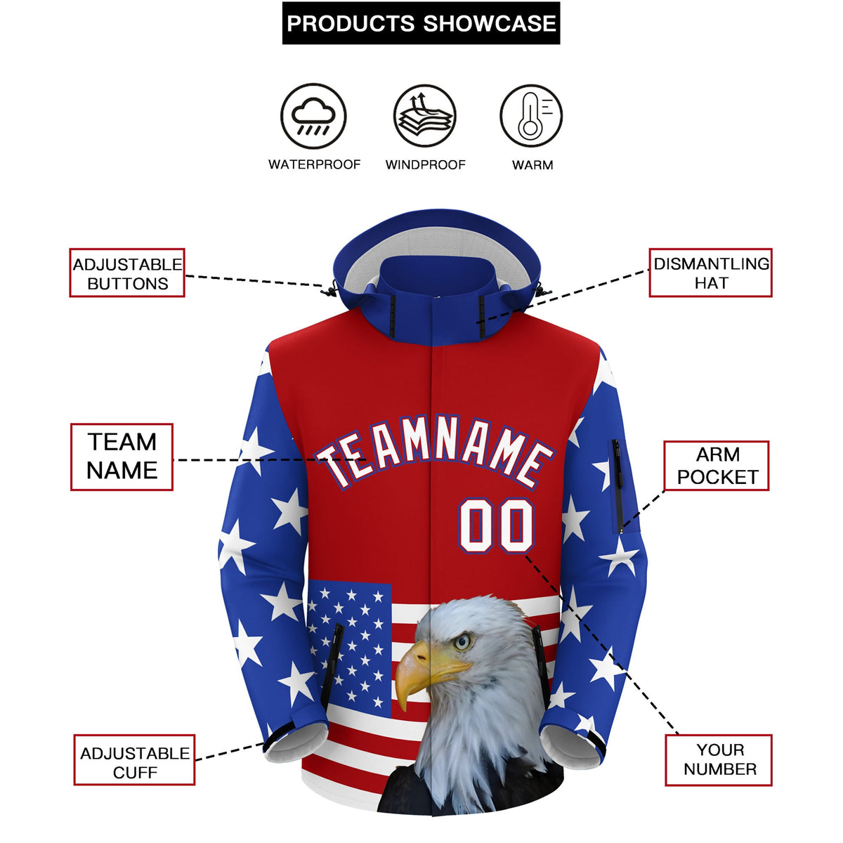Custom Red White Independence Day American Flag Waterproof Jacket| KXKSHOP