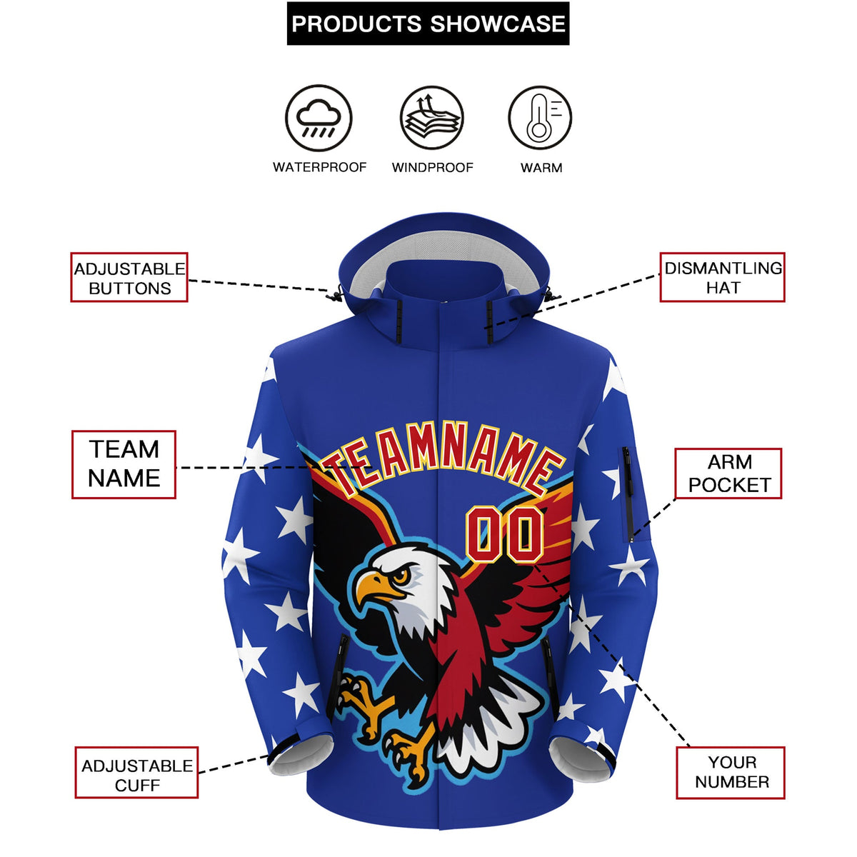 Custom Royal Blue White Independence Day American Flag Waterproof Jacket| KXKSHOP