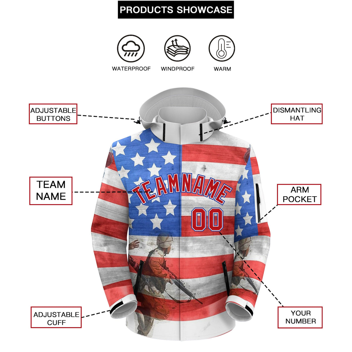 Custom Grey Independence Day American Flag Waterproof Jacket| KXKSHOP